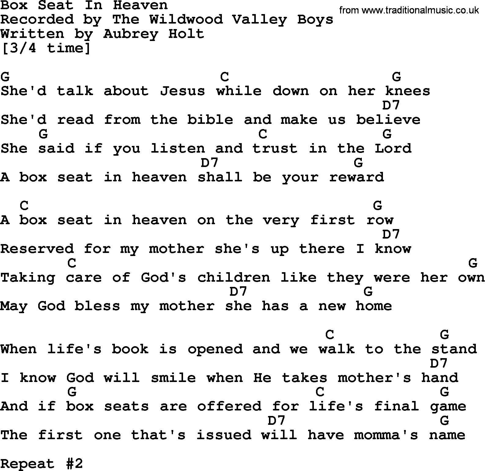 Bluegrass song: Box Seat In Heaven, lyrics and chords