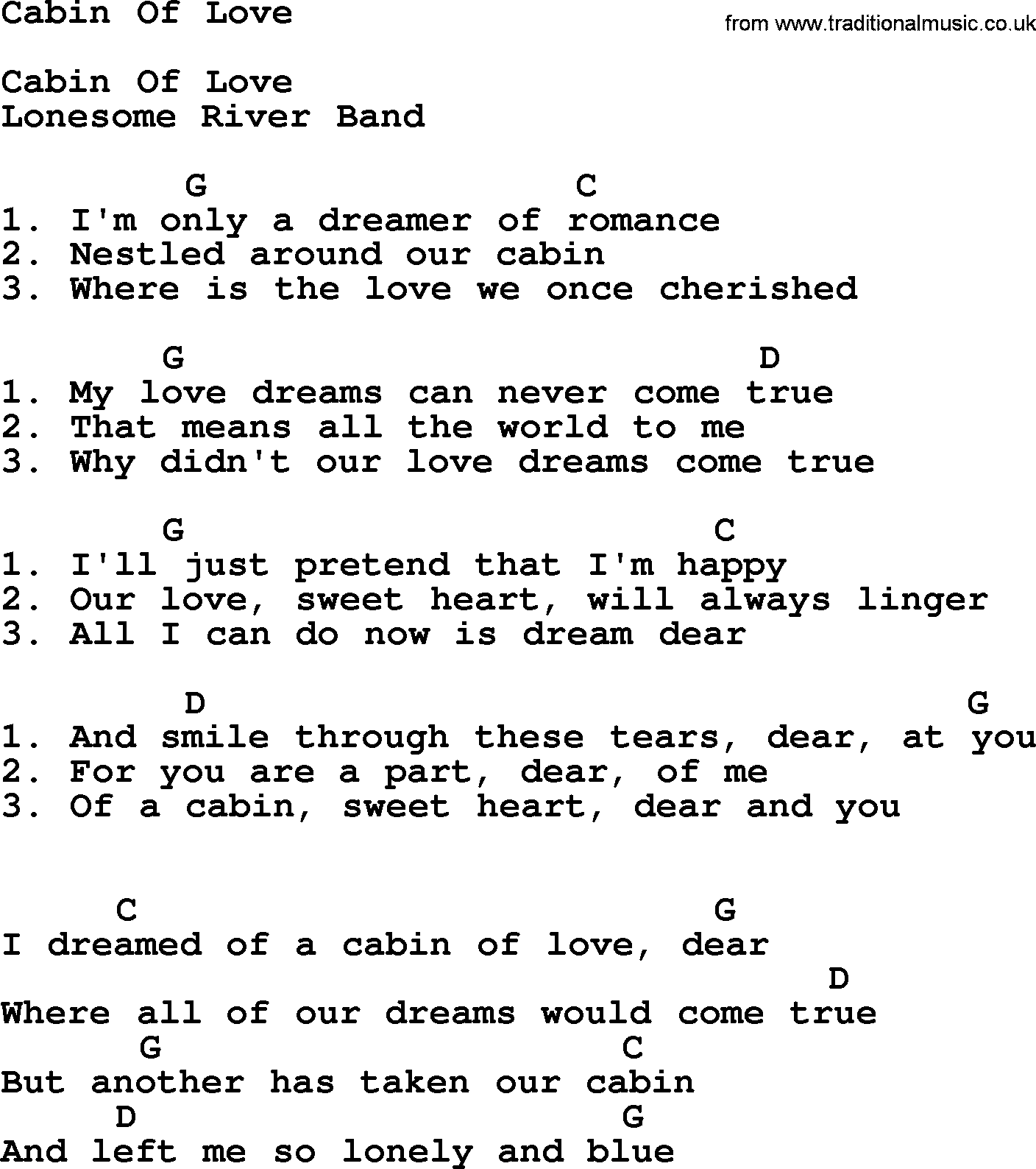 Bluegrass song: Cabin Of Love, lyrics and chords