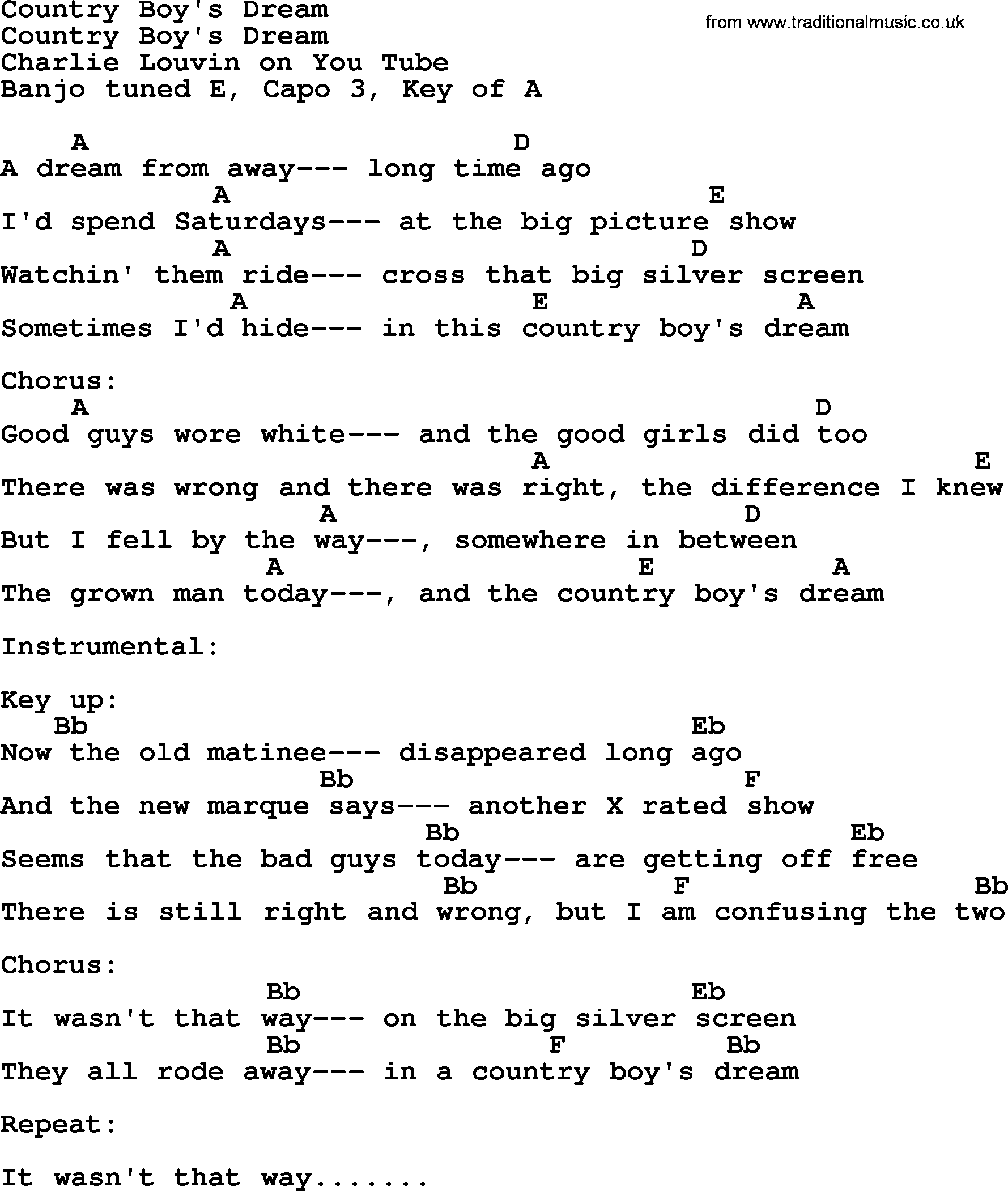 Bluegrass song: Country Boy's Dream, lyrics and chords