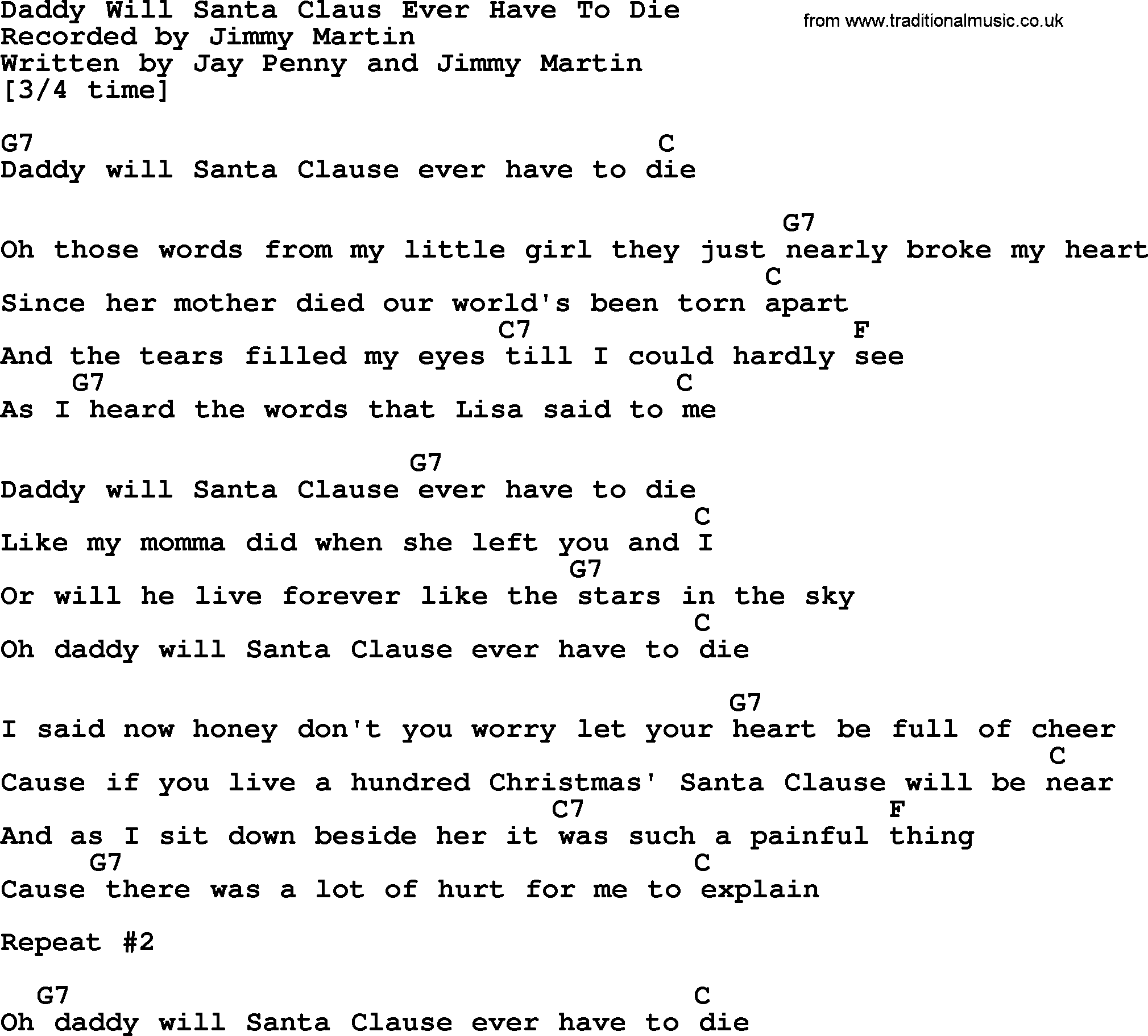Bluegrass song: Daddy Will Santa Claus Ever Have To Die, lyrics and chords