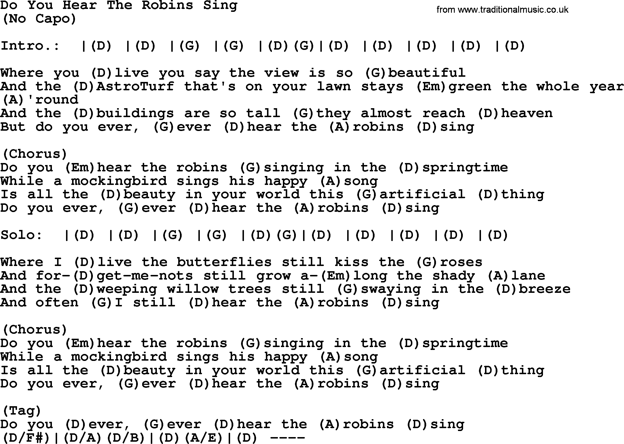 Do You Hear The Robins Sing Bluegrass lyrics with chords