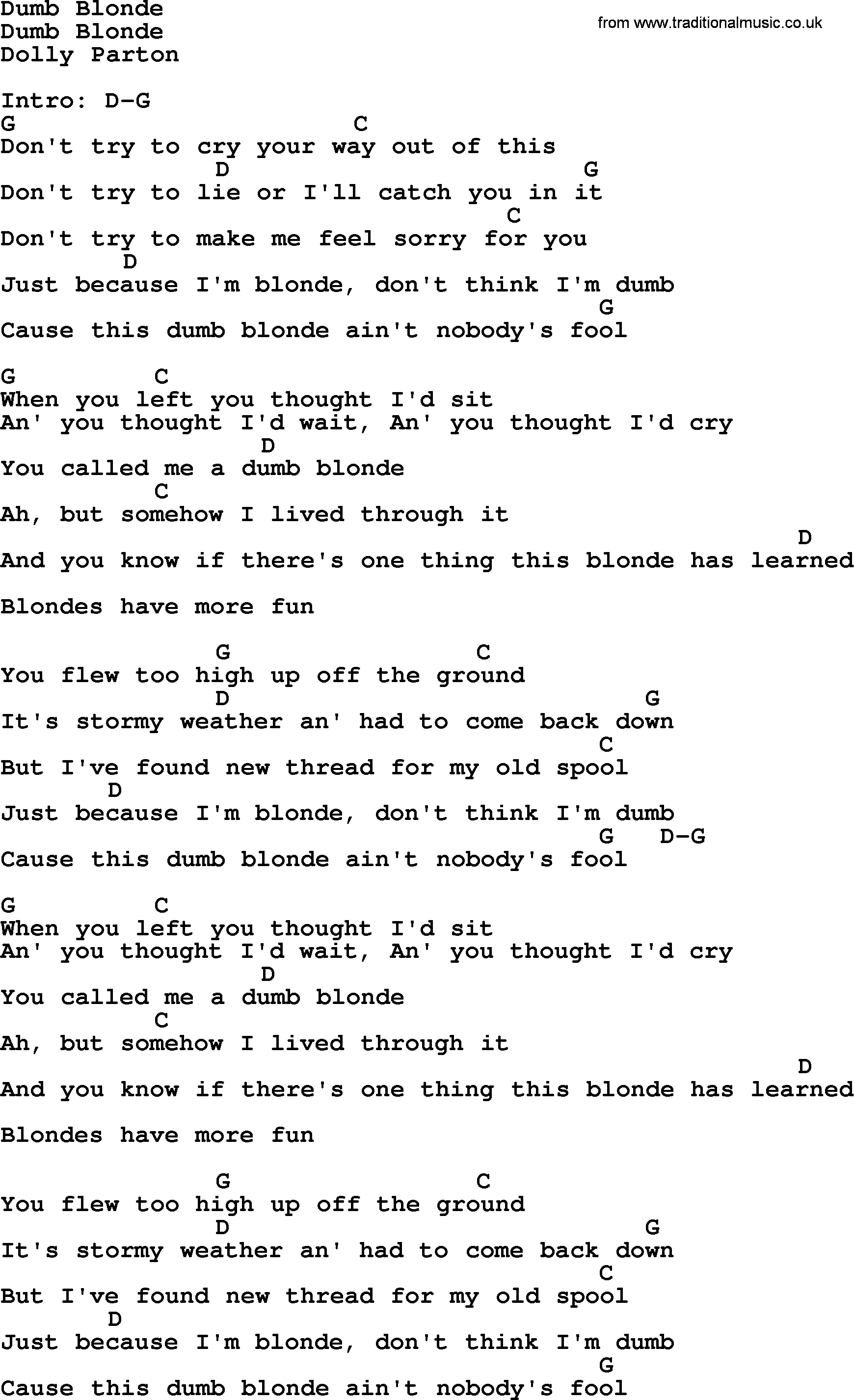 Bluegrass song: Dumb Blonde, lyrics and chords