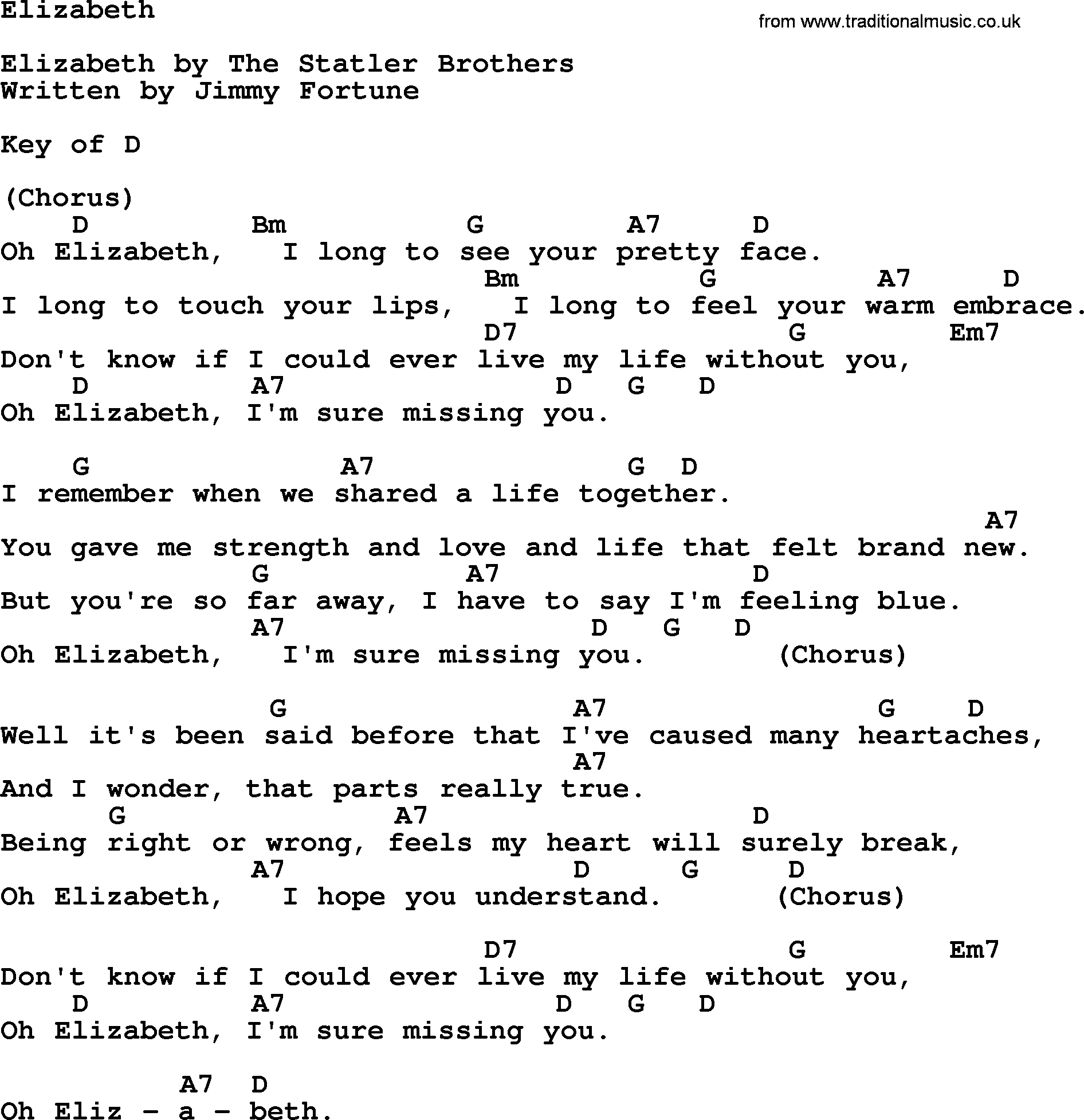 Bluegrass song: Elizabeth, lyrics and chords