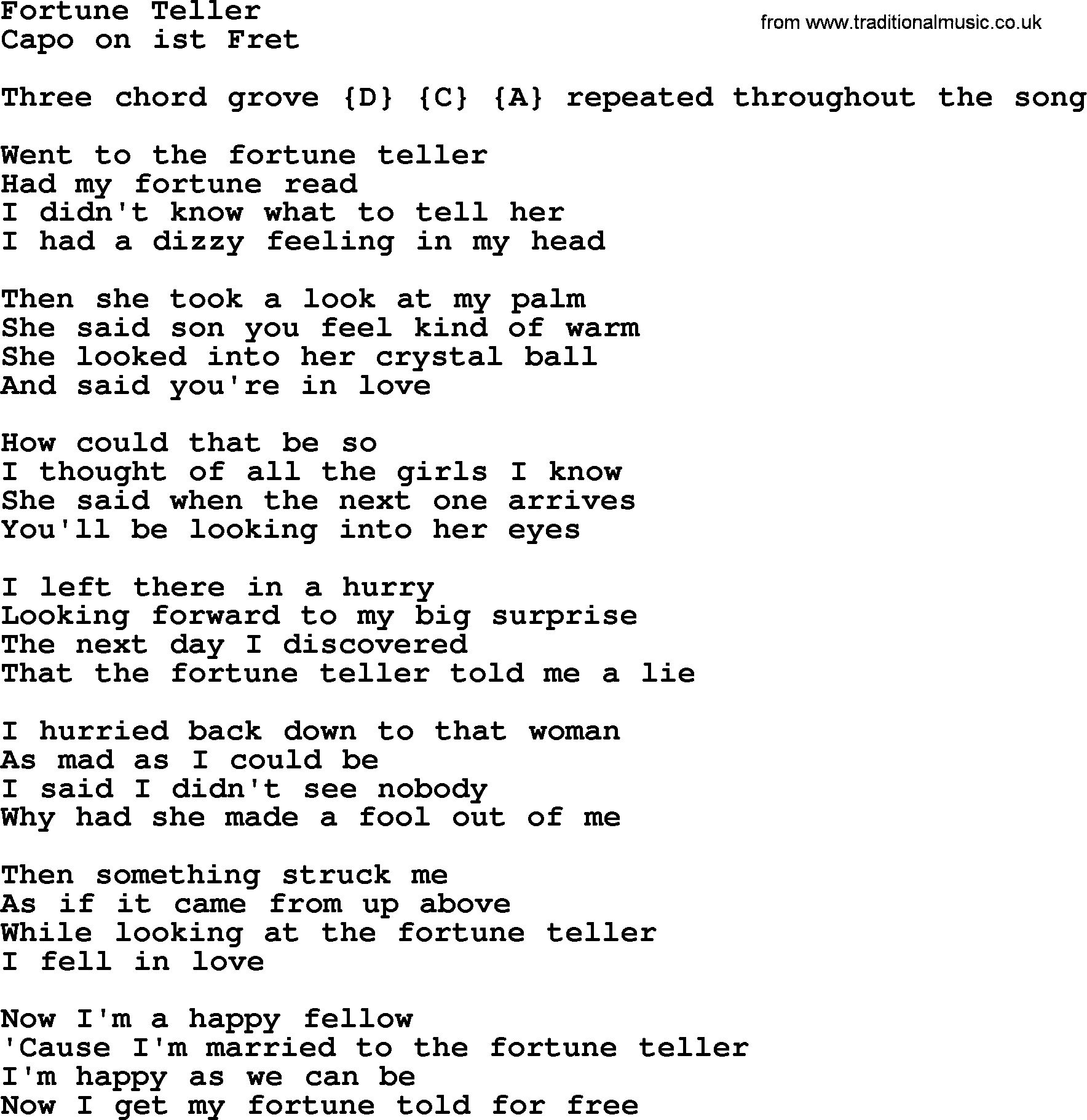 Bluegrass song: Fortune Teller, lyrics and chords