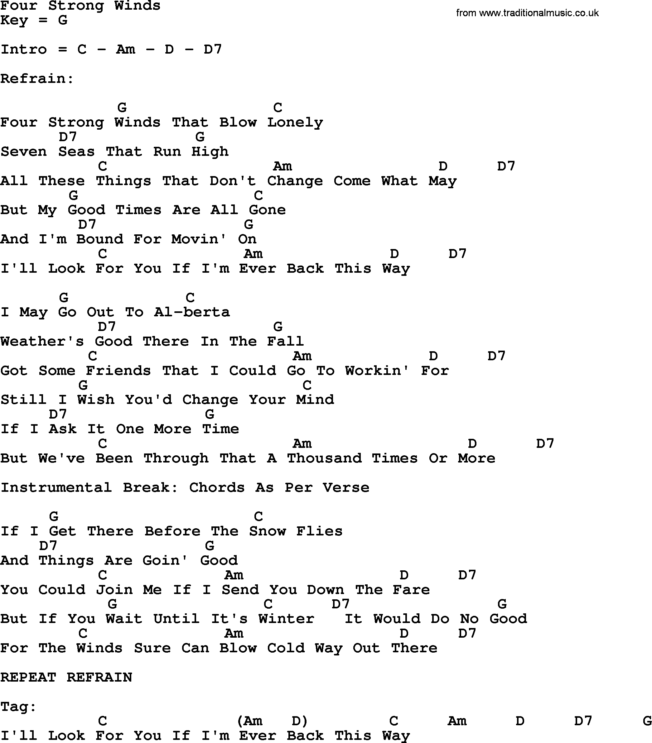 Bluegrass song: Four Strong Winds, lyrics and chords