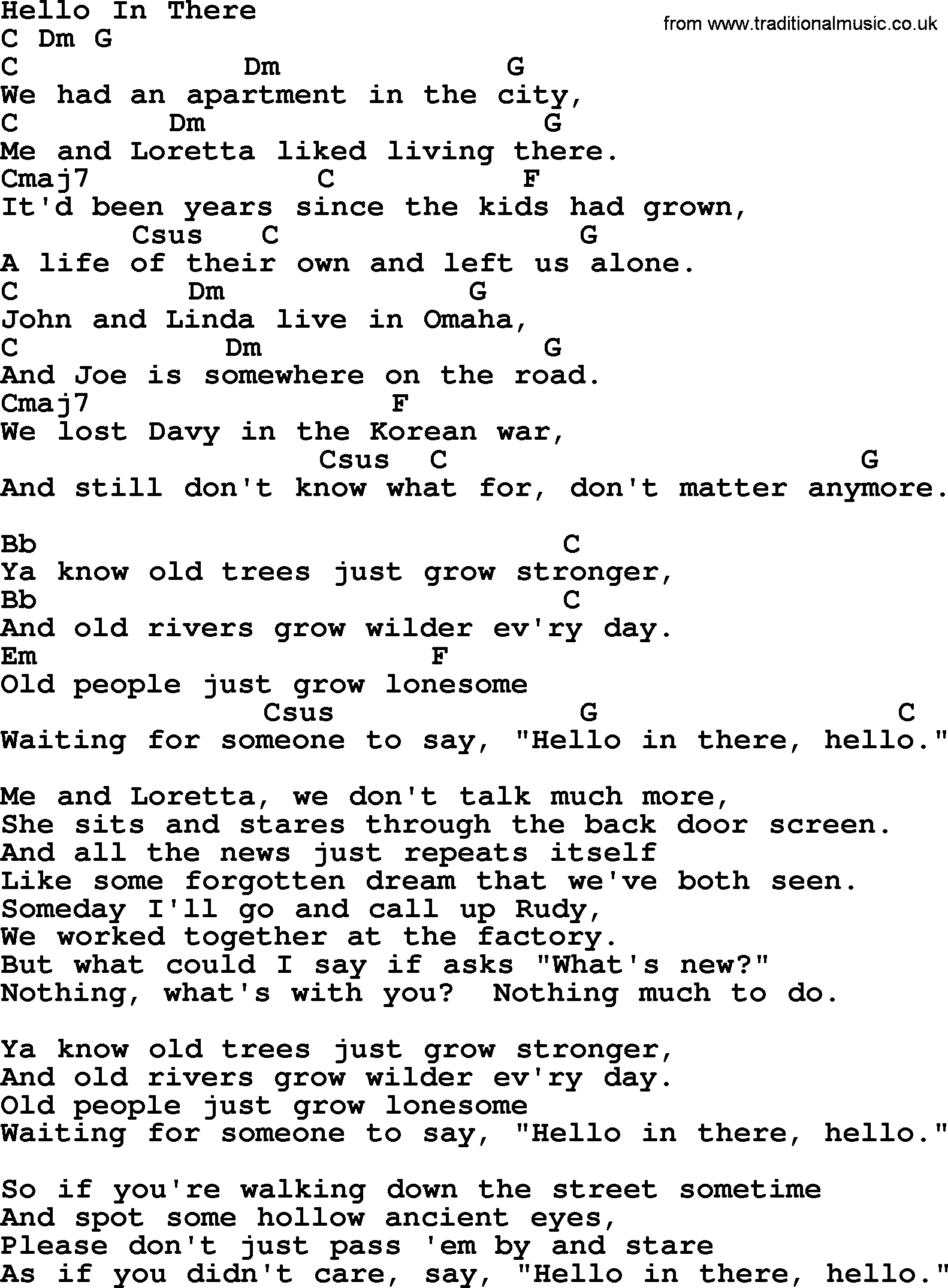 Bluegrass song: Hello In There, lyrics and chords