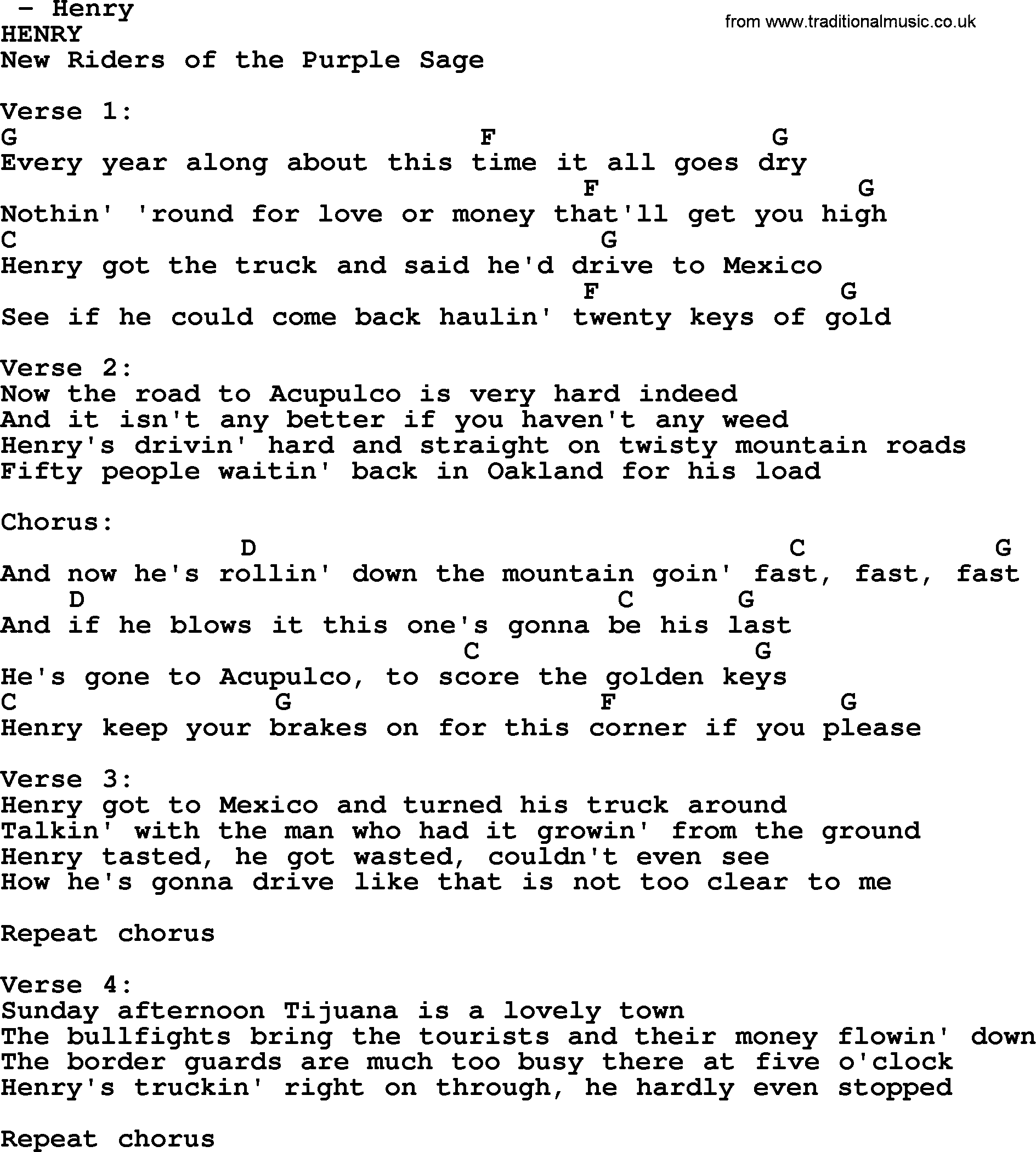 Bluegrass song: Henry, lyrics and chords