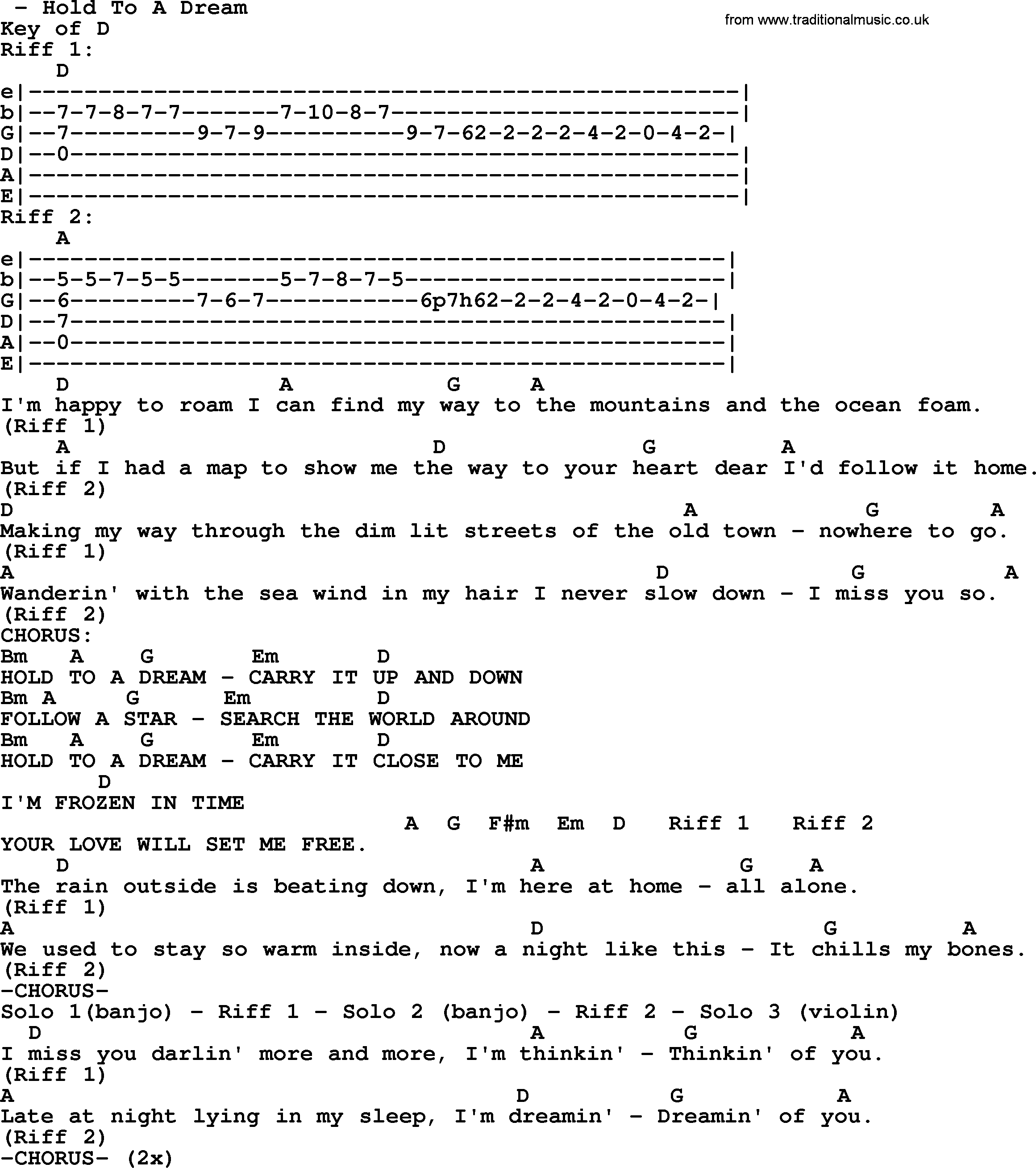 Bluegrass song: Hold To A Dream, lyrics and chords