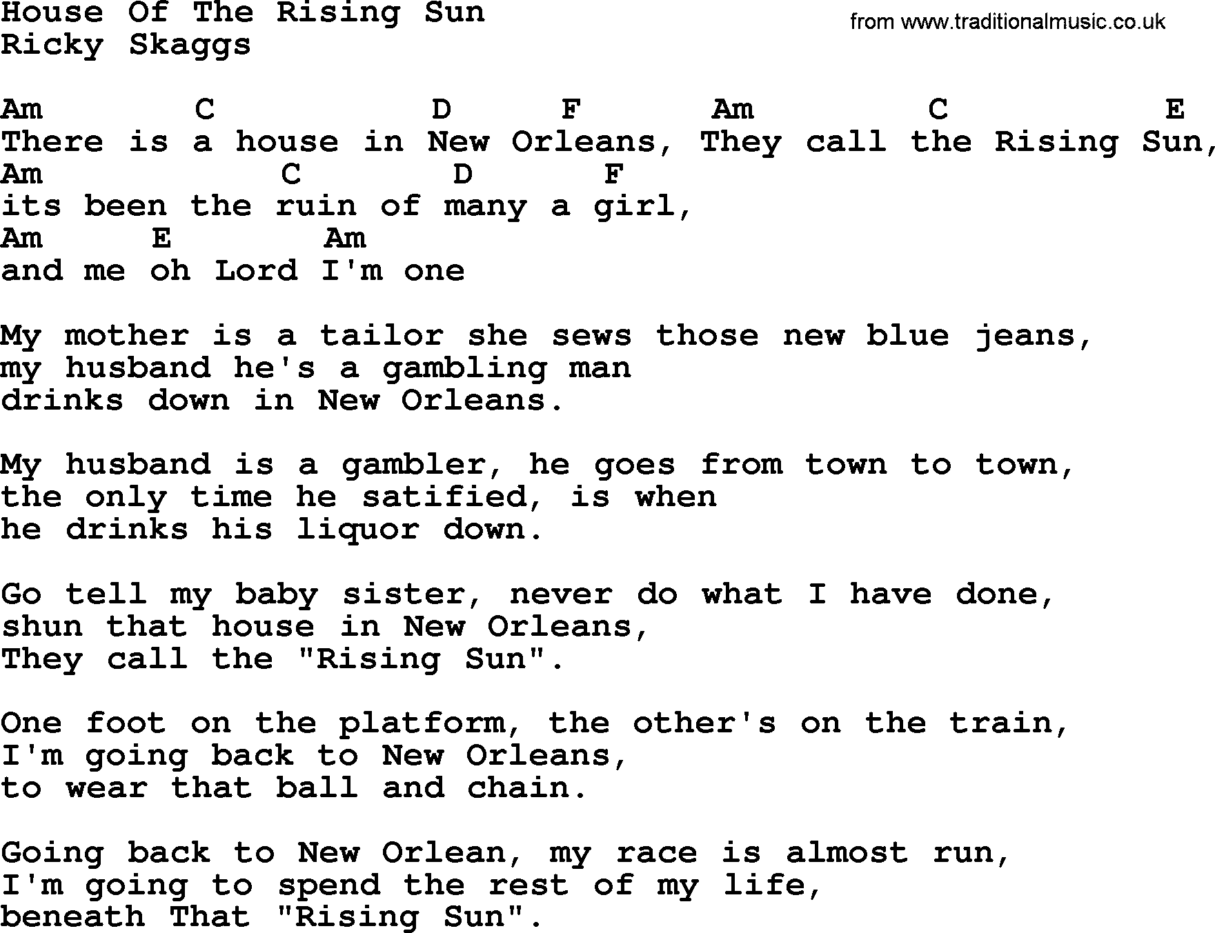 Bluegrass song: House Of The Rising Sun, lyrics and chords