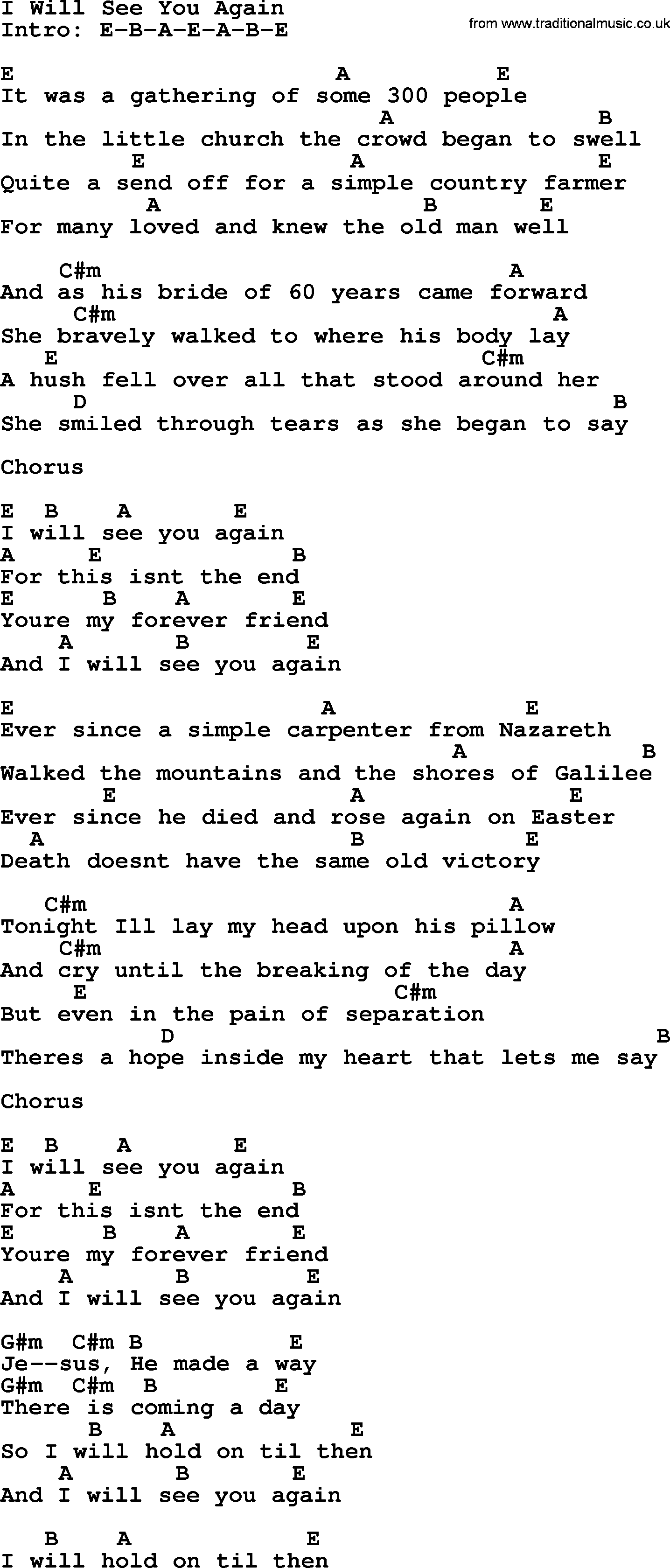 Bluegrass song: I Will See You Again, lyrics and chords