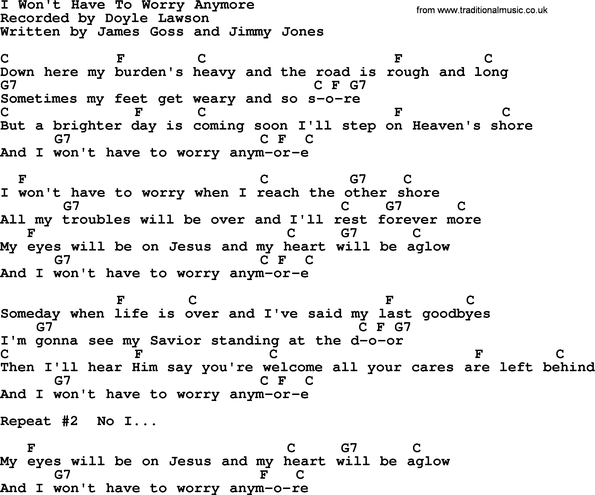 Bluegrass song: I Won't Have To Worry Anymore, lyrics and chords