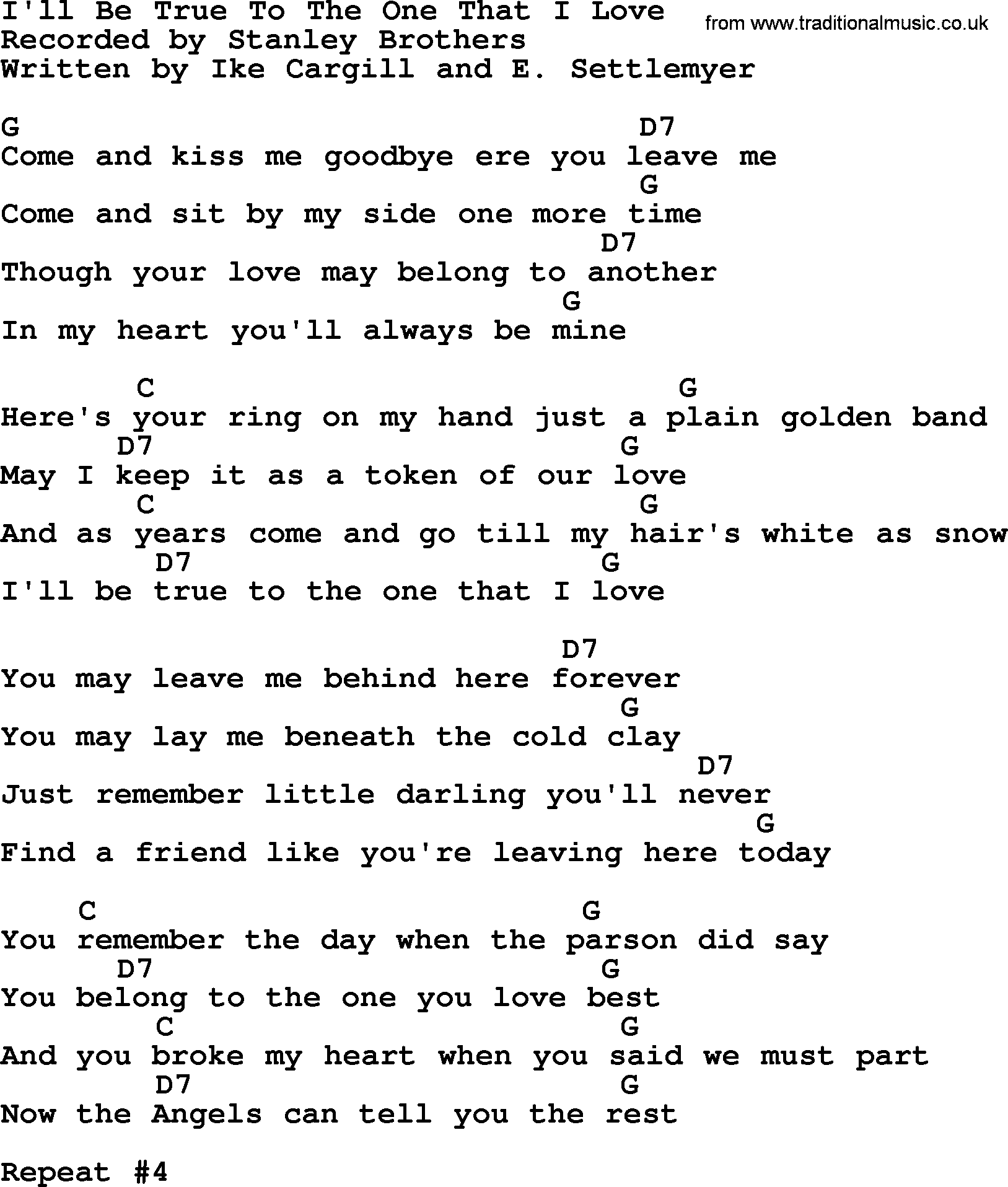 Bluegrass song: I'll Be True To The One That I Love, lyrics and chords
