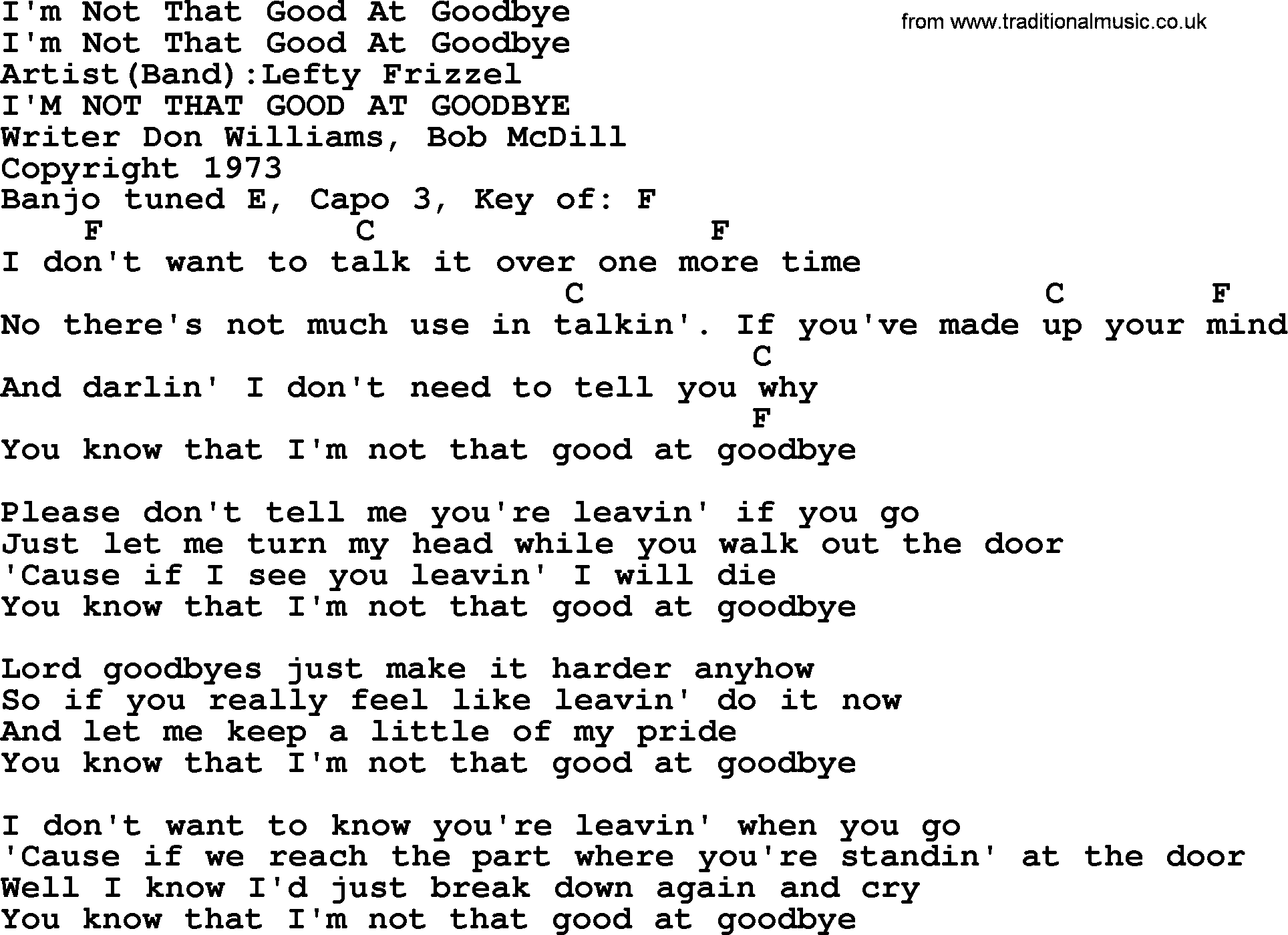 Bluegrass song: I'm Not That Good At Goodbye, lyrics and chords