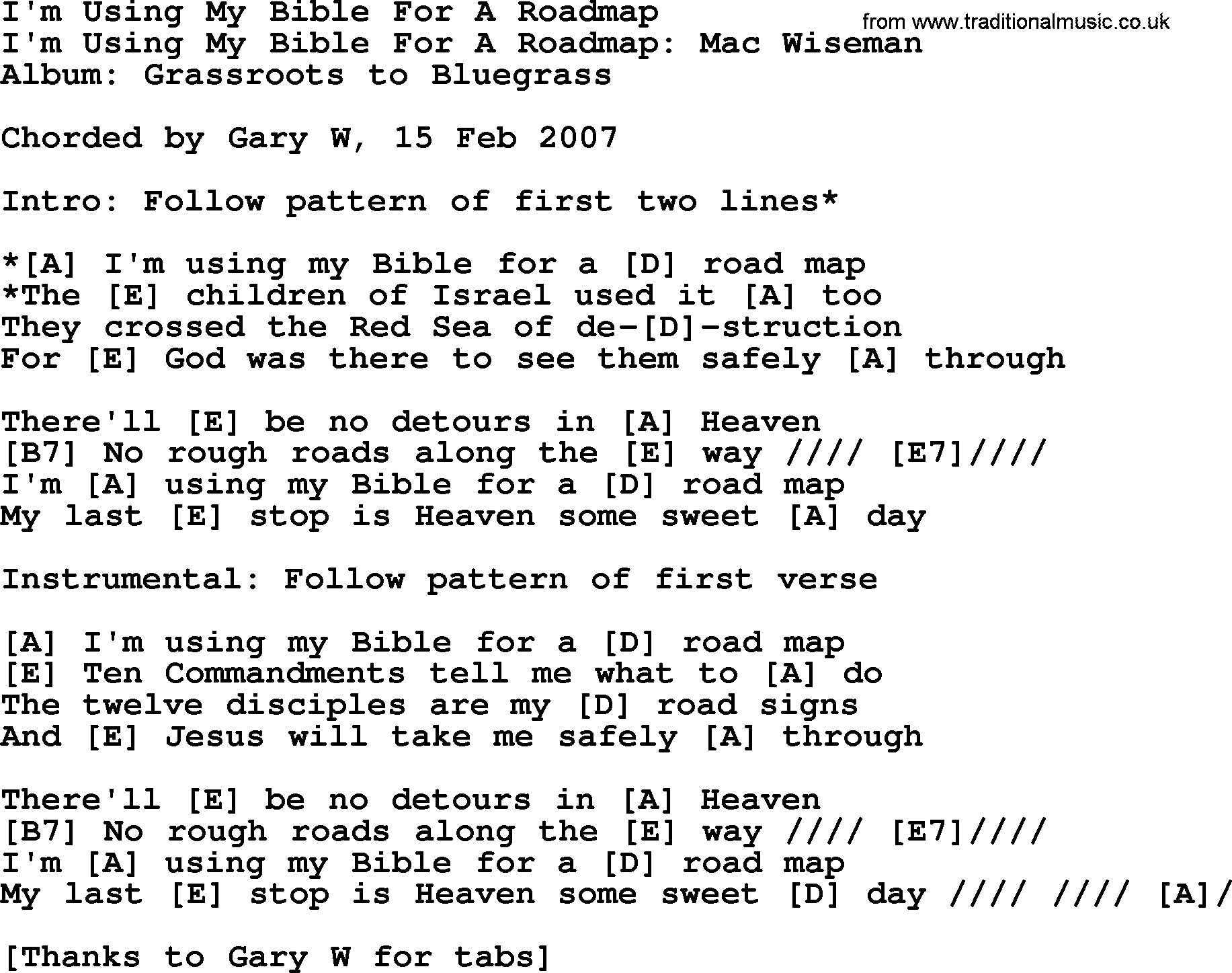 Bluegrass song: I'm Using My Bible For A Roadmap 2, lyrics and chords