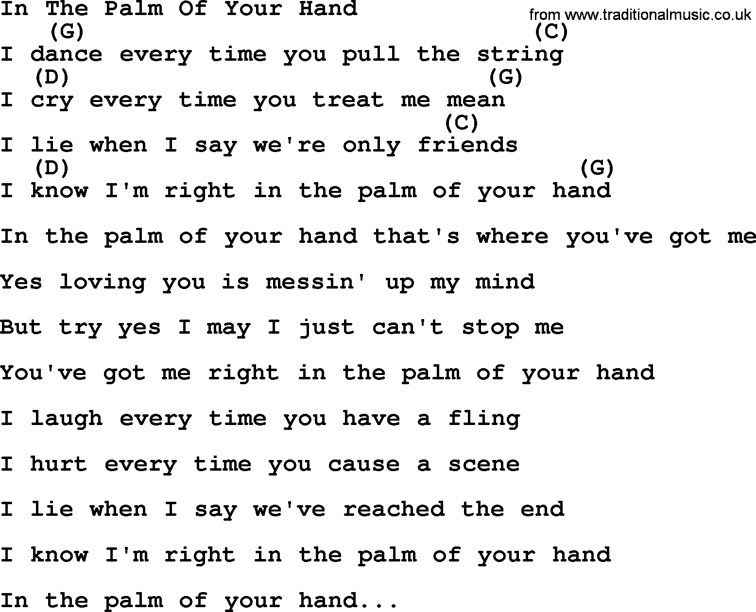 Bluegrass song: In The Palm Of Your Hand, lyrics and chords