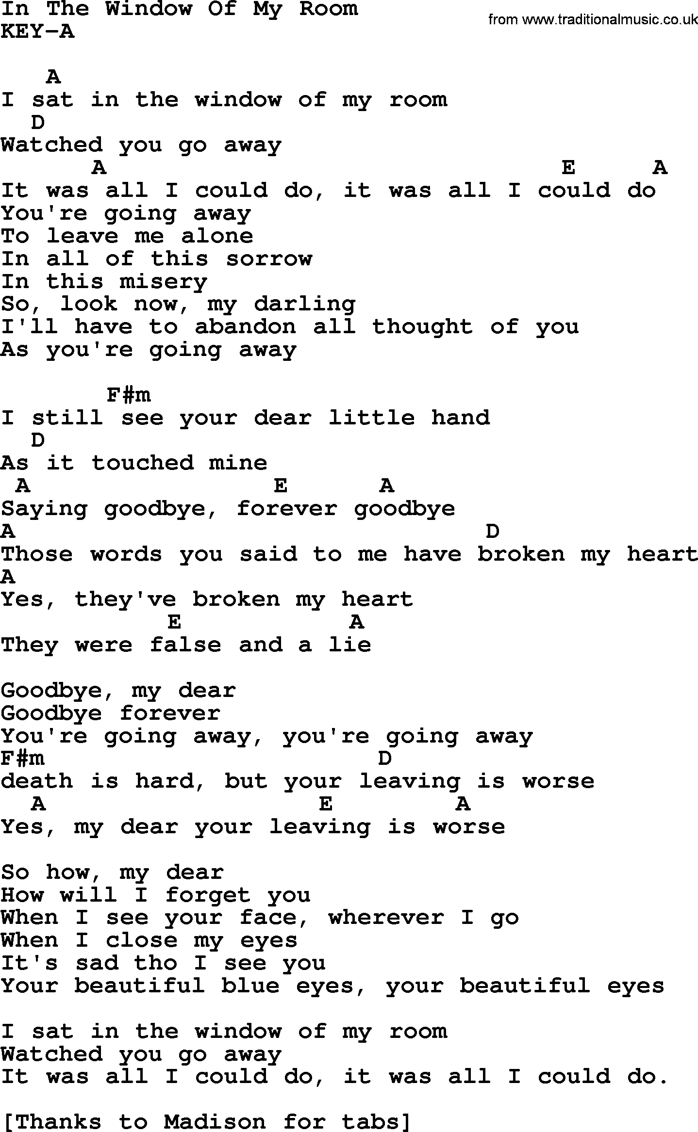 In The Window Of My Room Bluegrass lyrics with chords