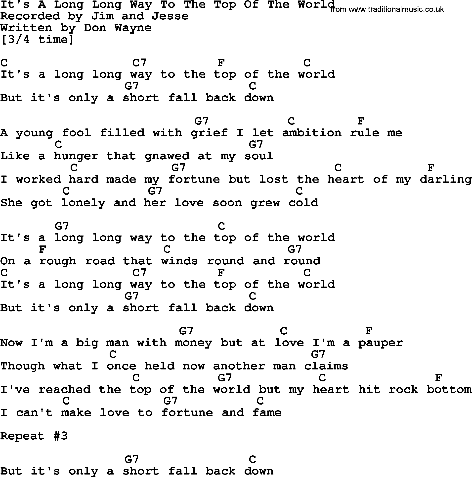 Bluegrass song: It's A Long Long Way To The Top Of The World, lyrics and chords