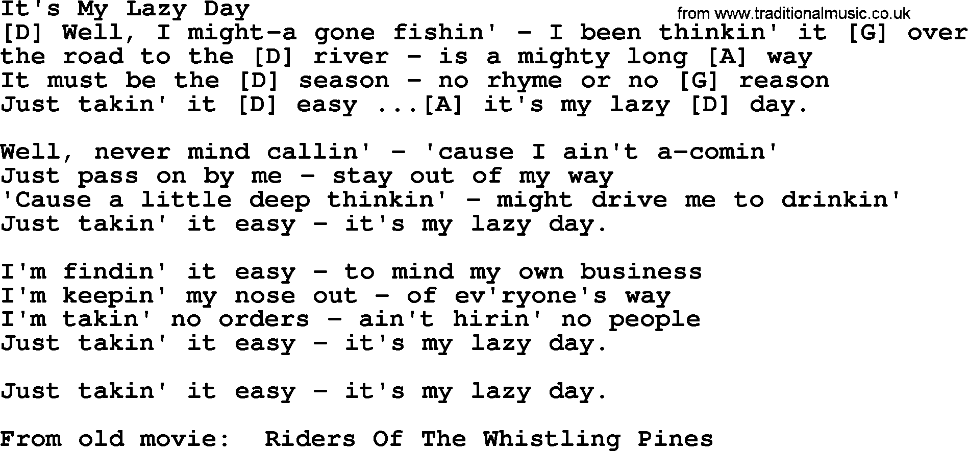 Bluegrass song: It's My Lazy Day, lyrics and chords