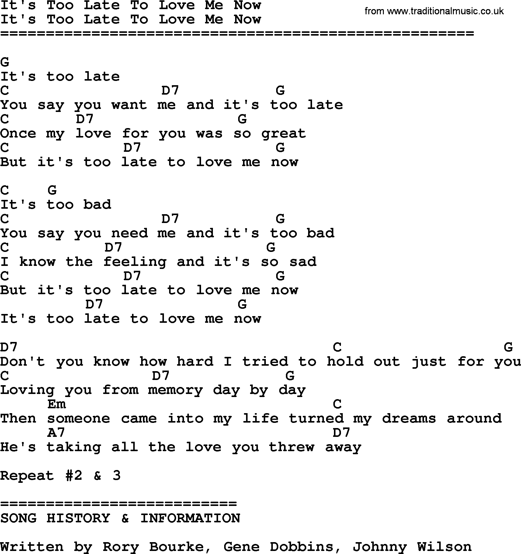 Bluegrass song: It's Too Late To Love Me Now, lyrics and chords