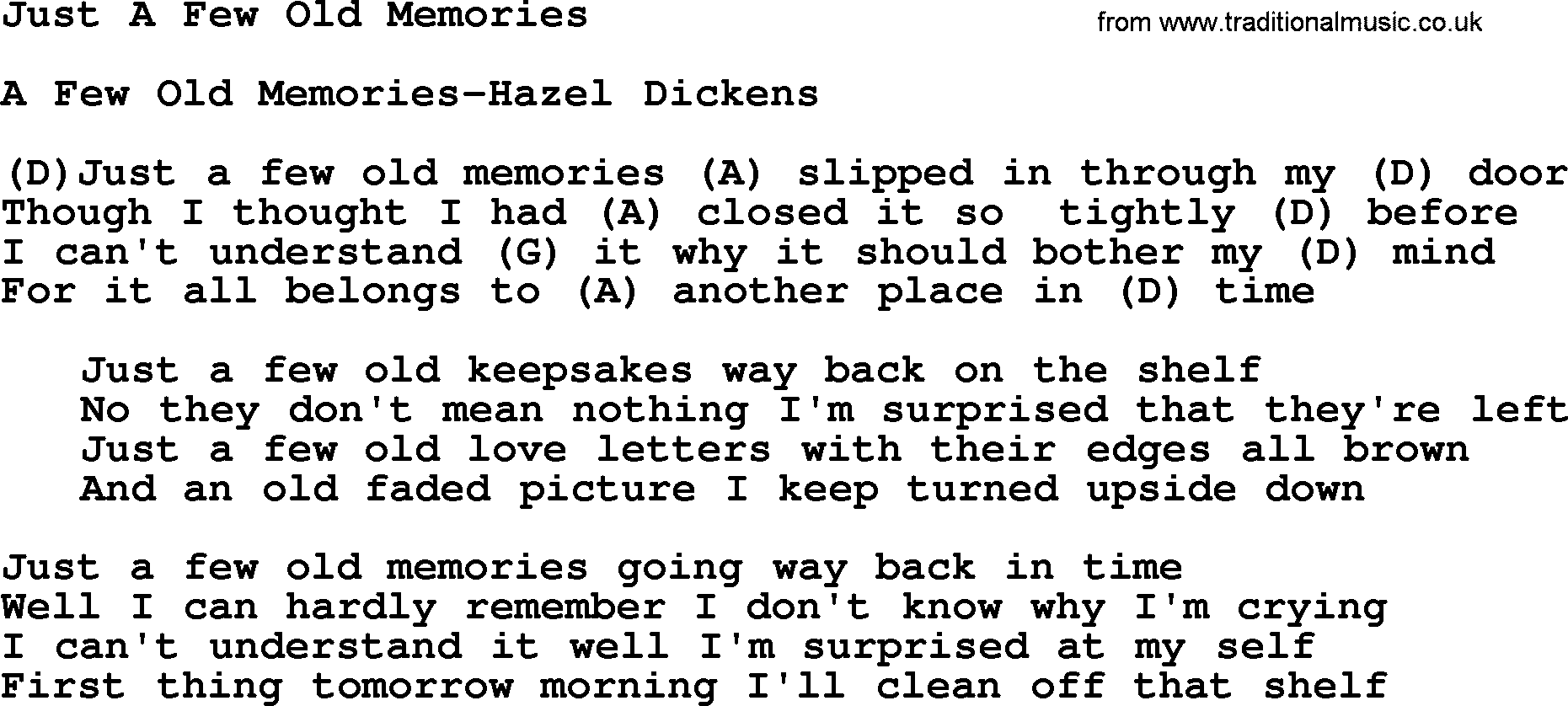 Bluegrass song: Just A Few Old Memories, lyrics and chords