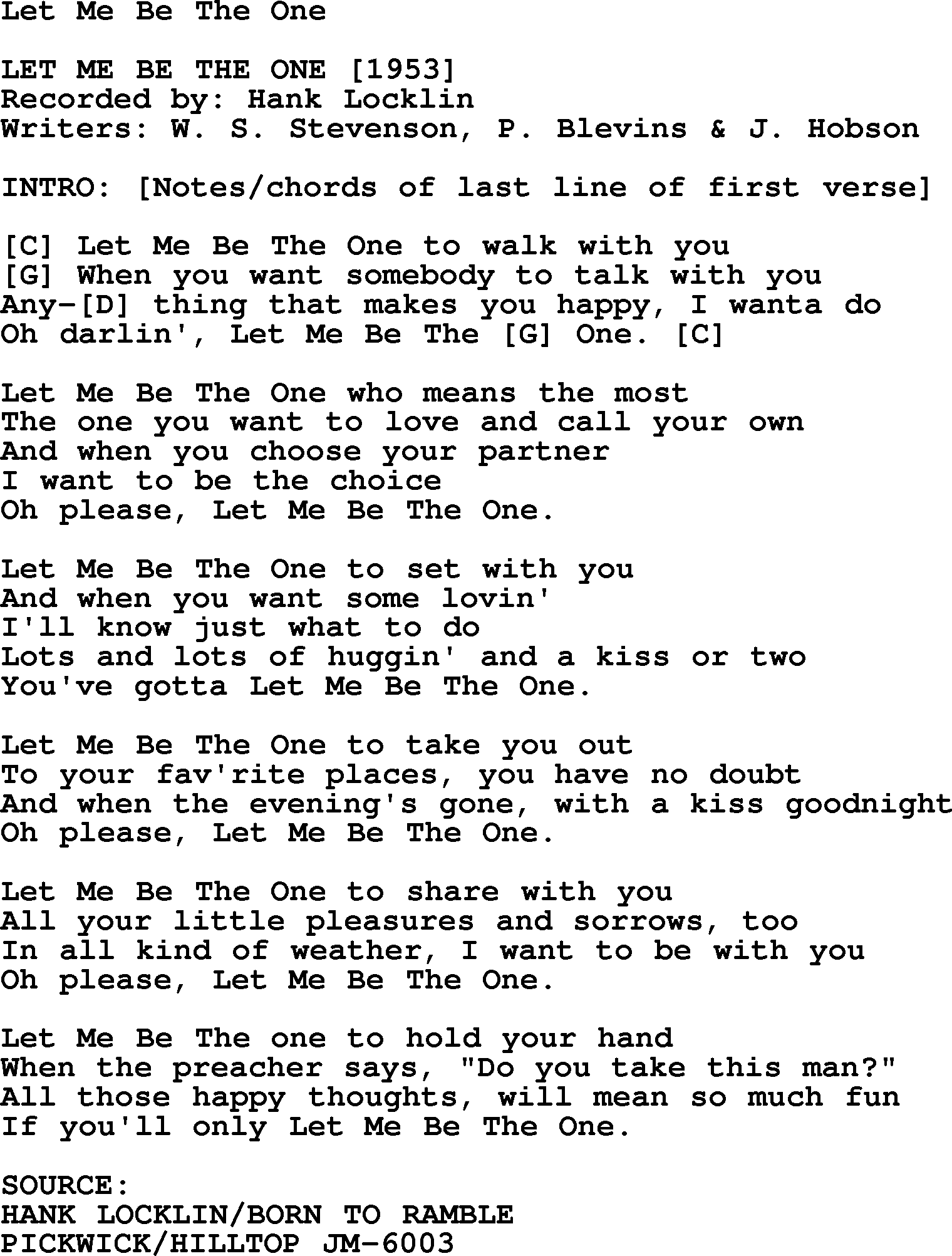 Bluegrass song: Let Me Be The One, lyrics and chords