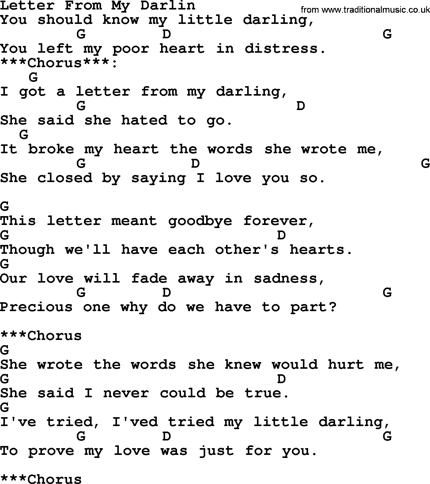 Bluegrass song: Letter From My Darlin, lyrics and chords