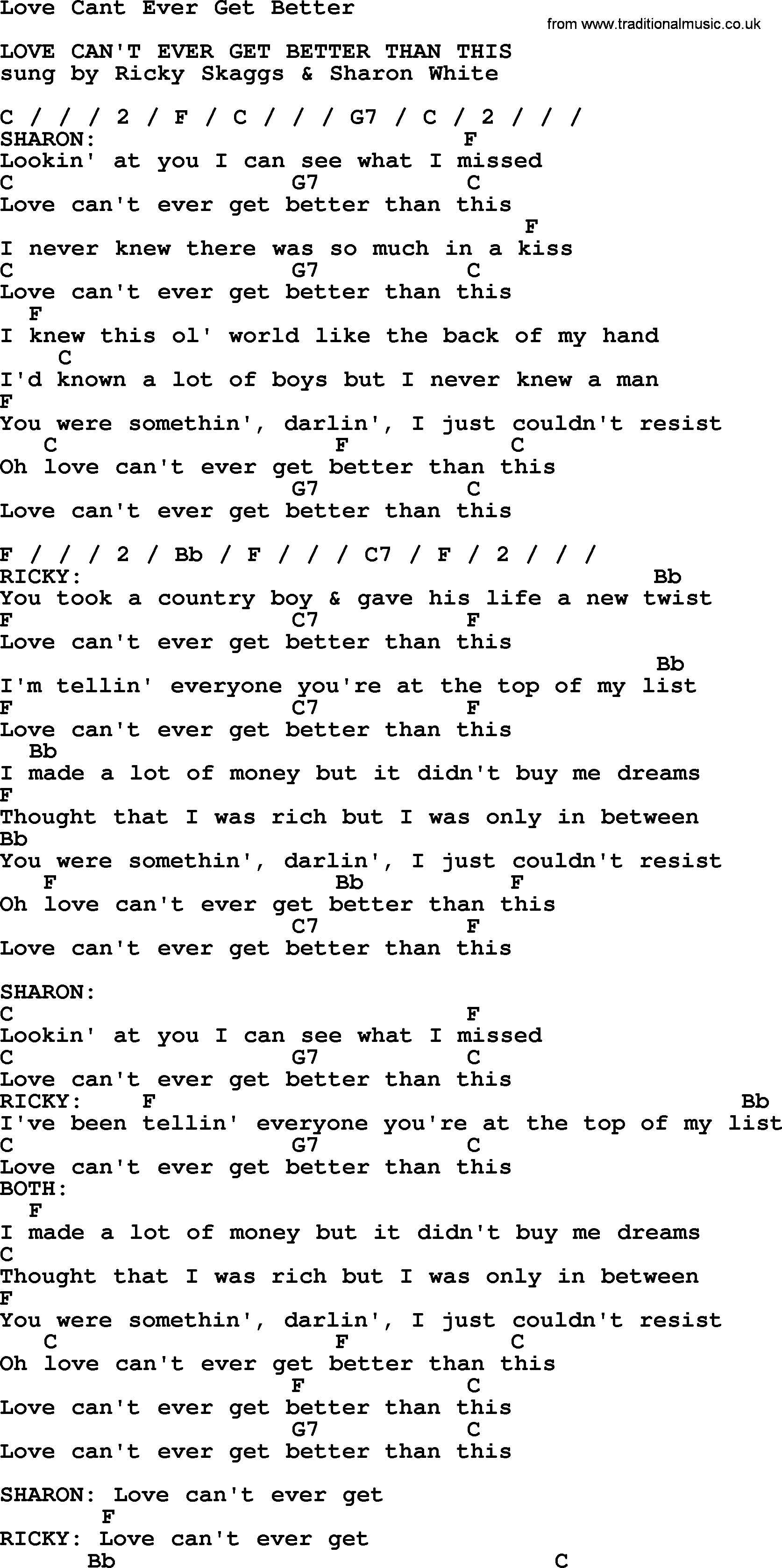 Bluegrass song: Love Cant Ever Get Better, lyrics and chords