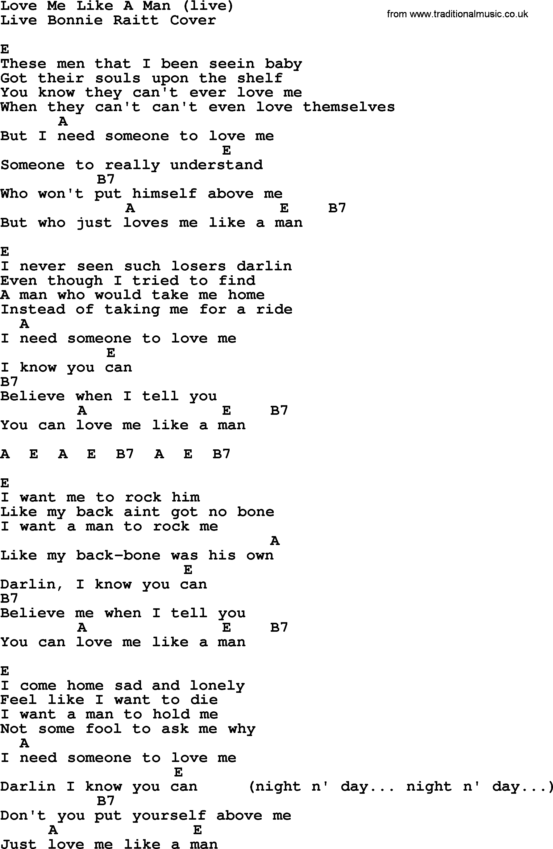 Bluegrass song: Love Me Like A Man (Live), lyrics and chords