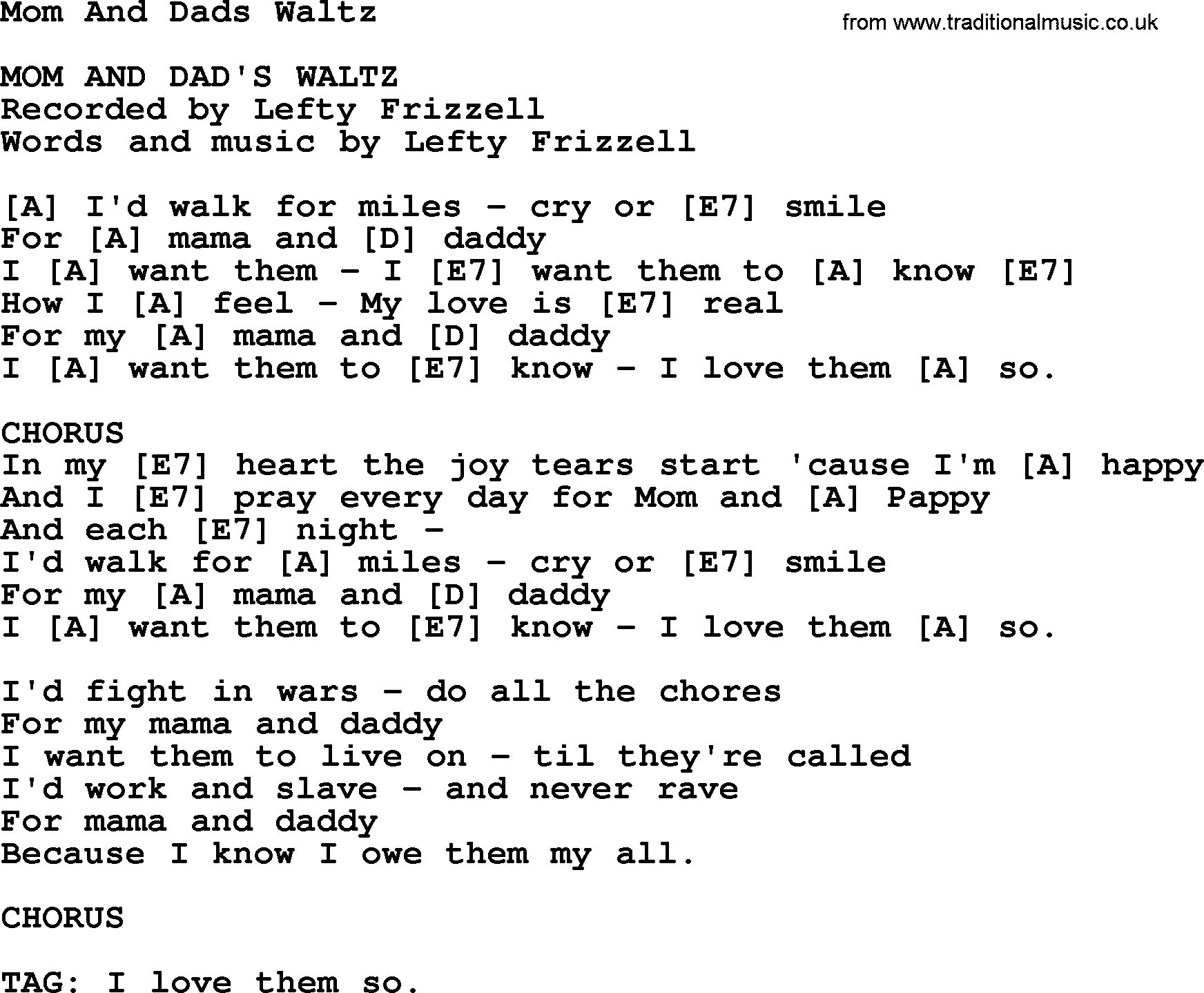 Bluegrass song: Mom And Dads Waltz, lyrics and chords