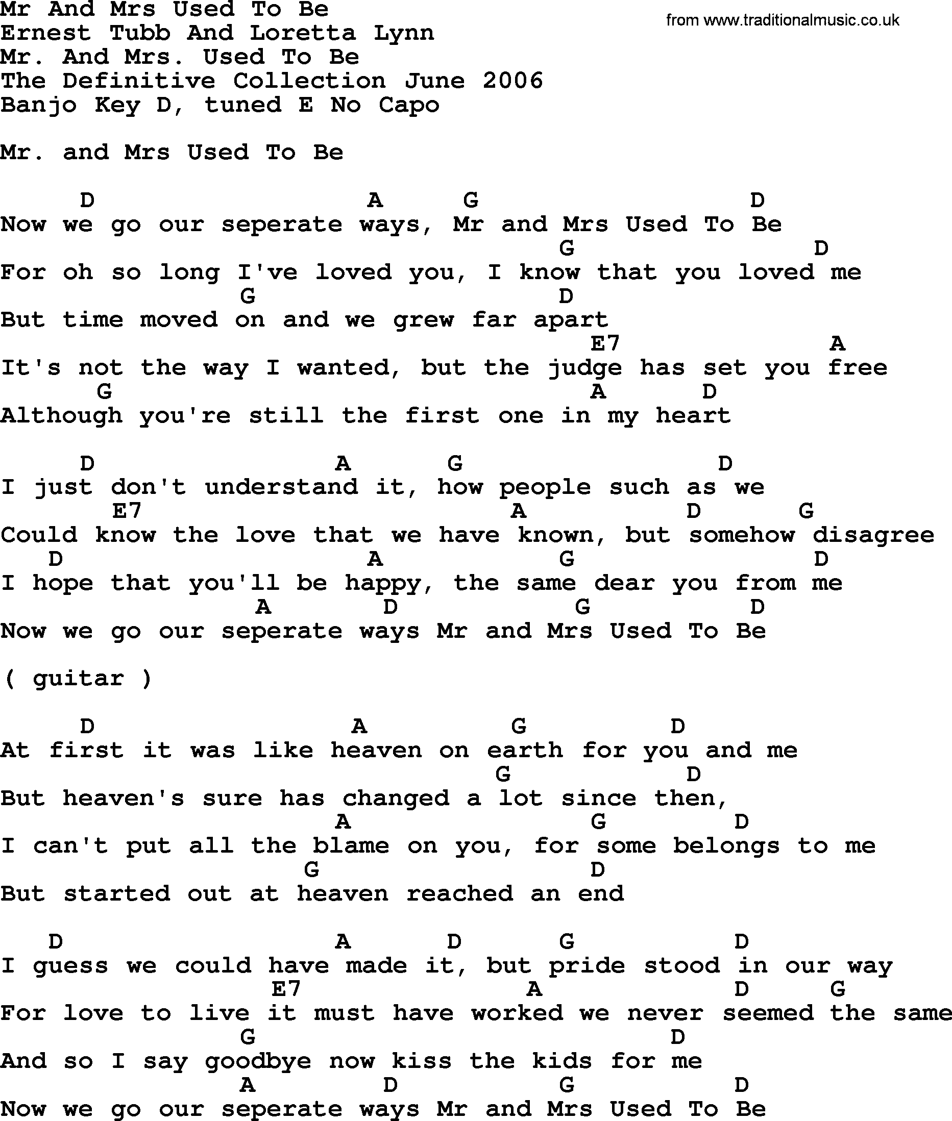 Bluegrass song: Mr And Mrs Used To Be, lyrics and chords