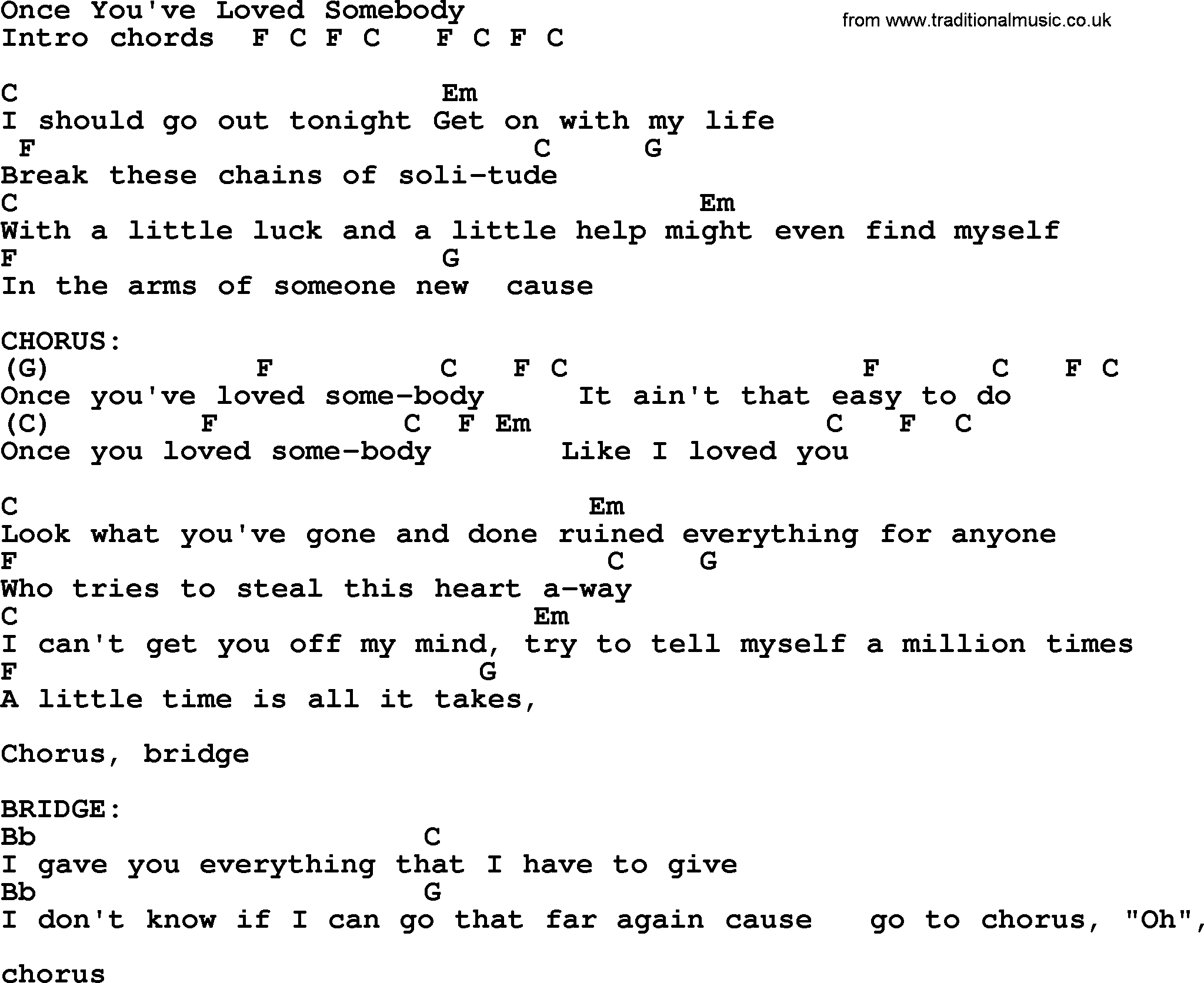 Bluegrass song: Once You've Loved Somebody, lyrics and chords