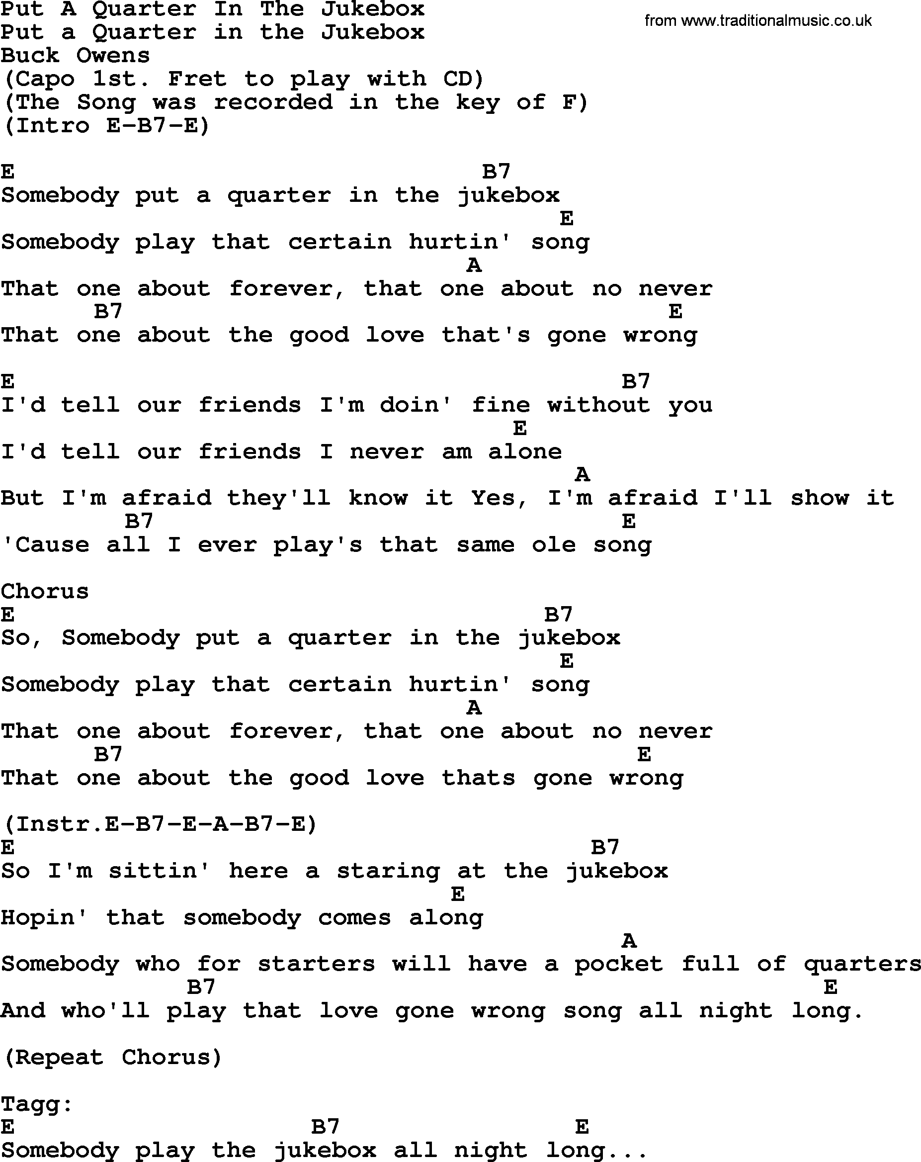 Bluegrass song: Put A Quarter In The Jukebox, lyrics and chords