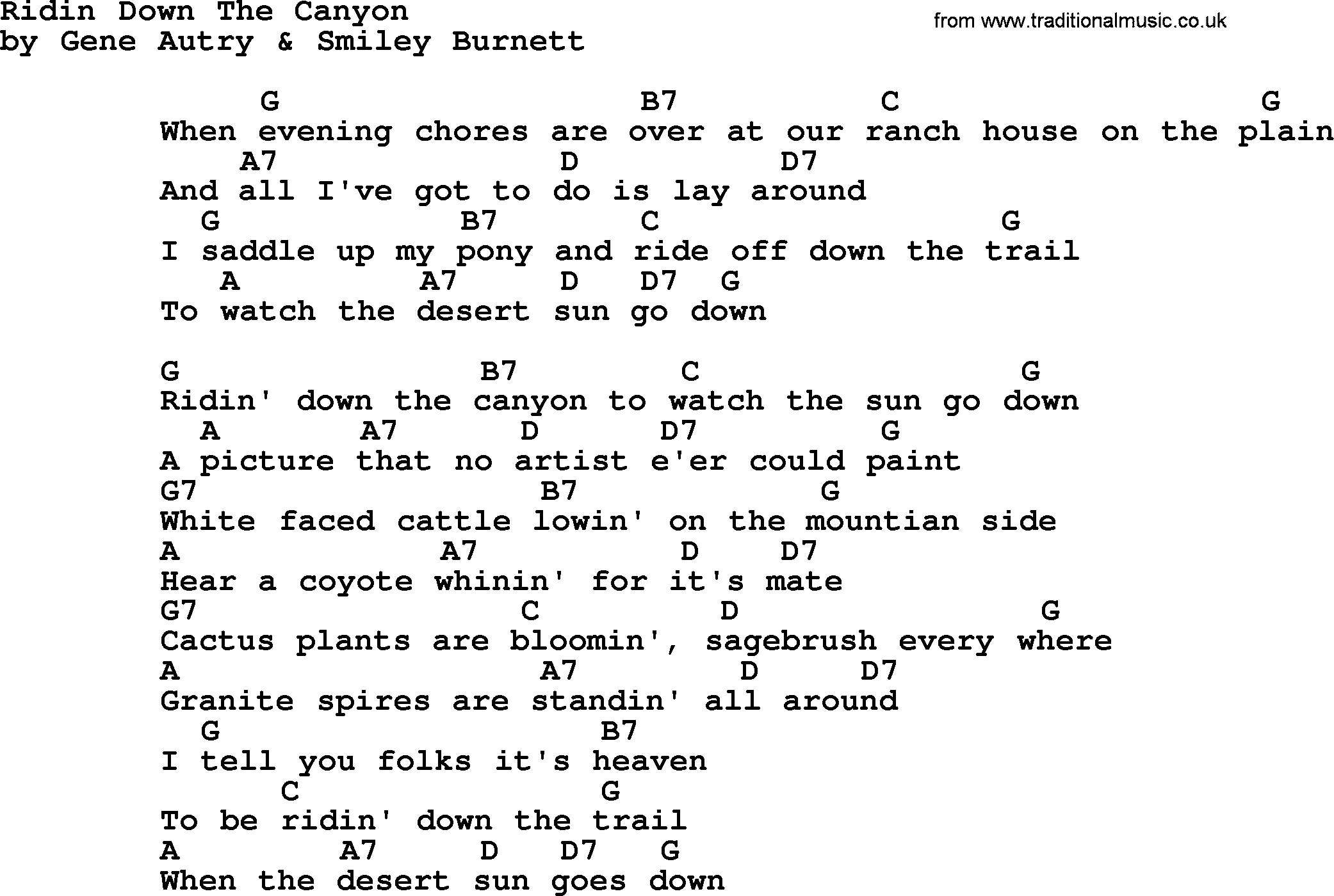 Bluegrass song: Ridin Down The Canyon, lyrics and chords