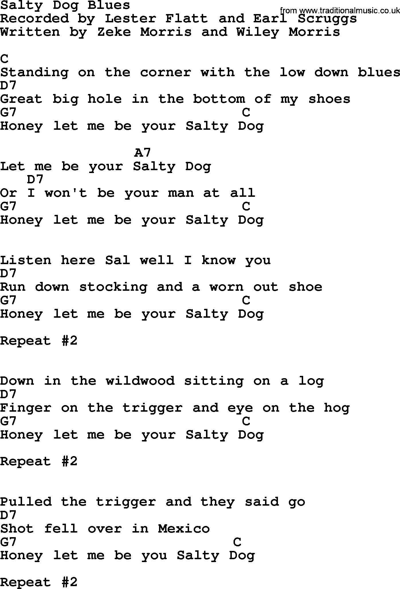 Bluegrass song: Salty Dog Blues, lyrics and chords