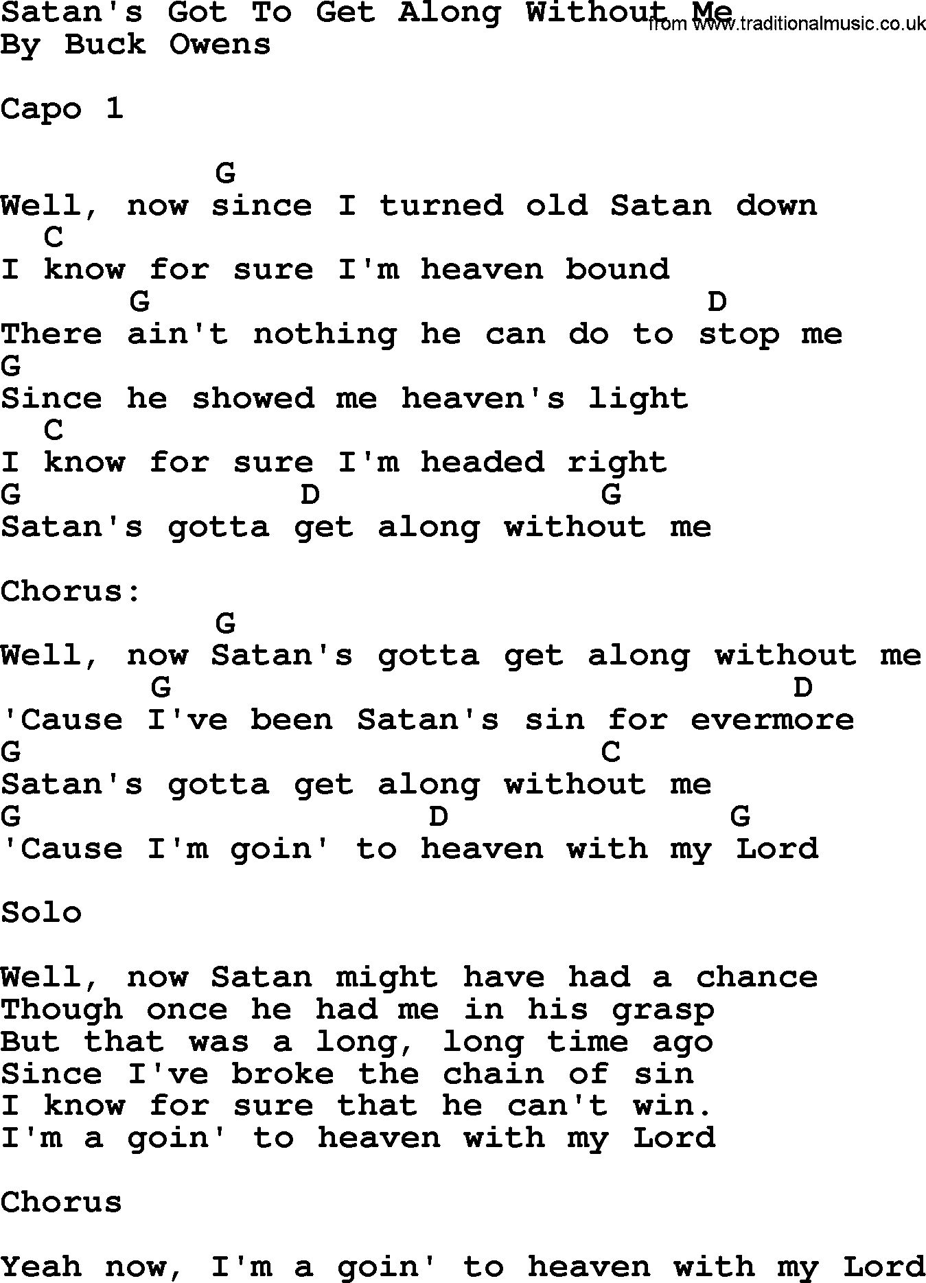 Bluegrass song: Satan's Got To Get Along Without Me, lyrics and chords