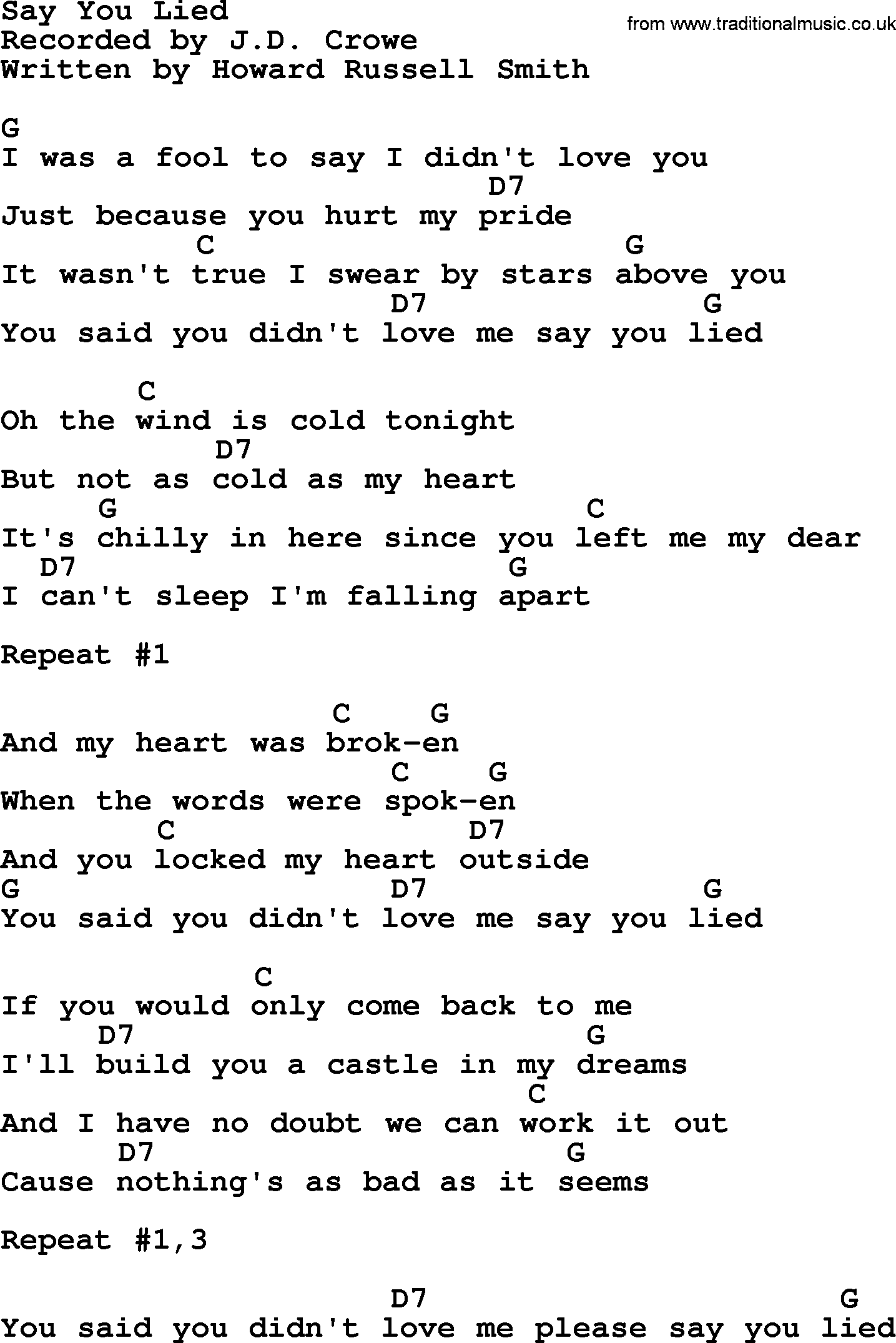 Bluegrass song: Say You Lied, lyrics and chords