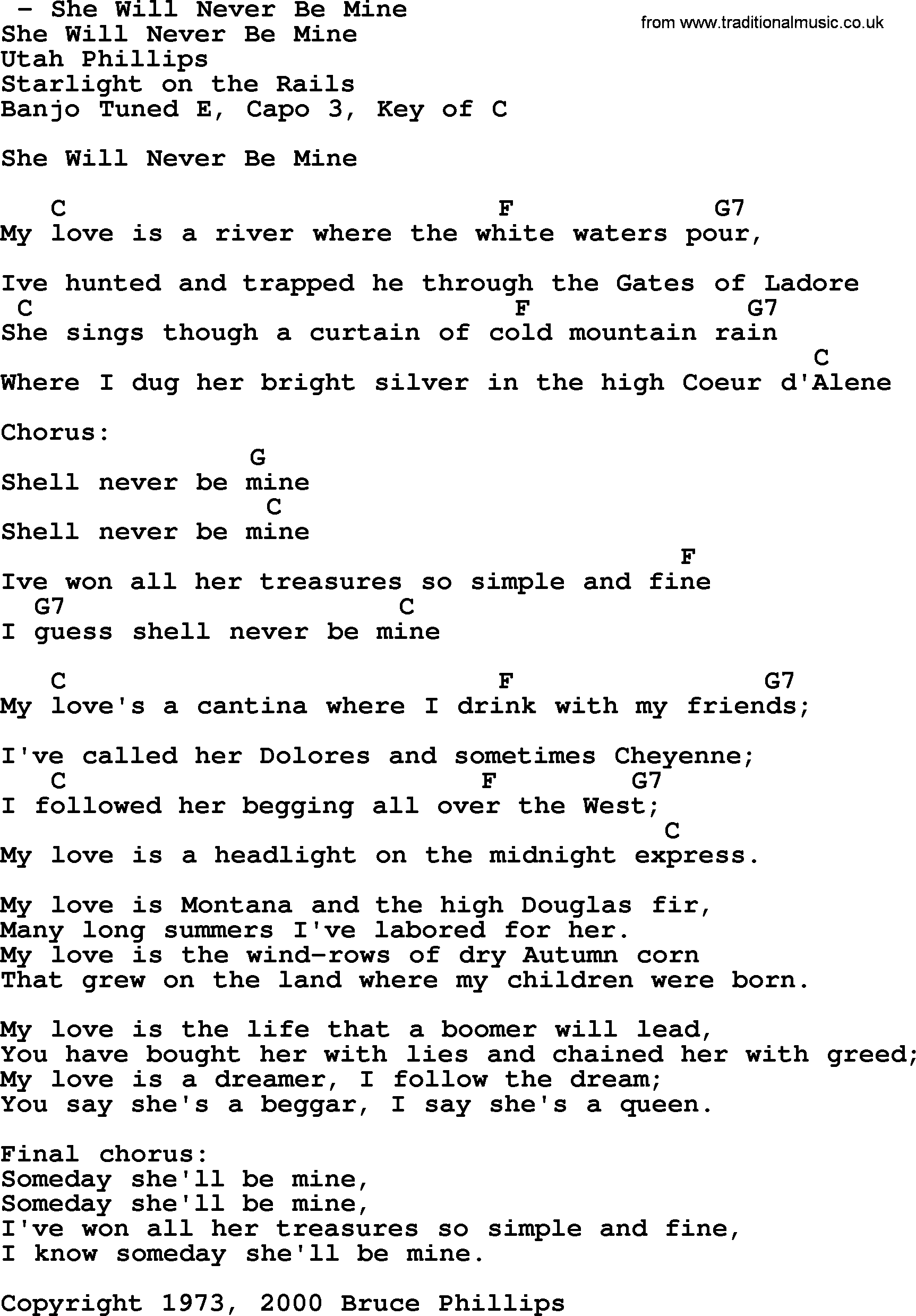 Bluegrass song: She Will Never Be Mine, lyrics and chords