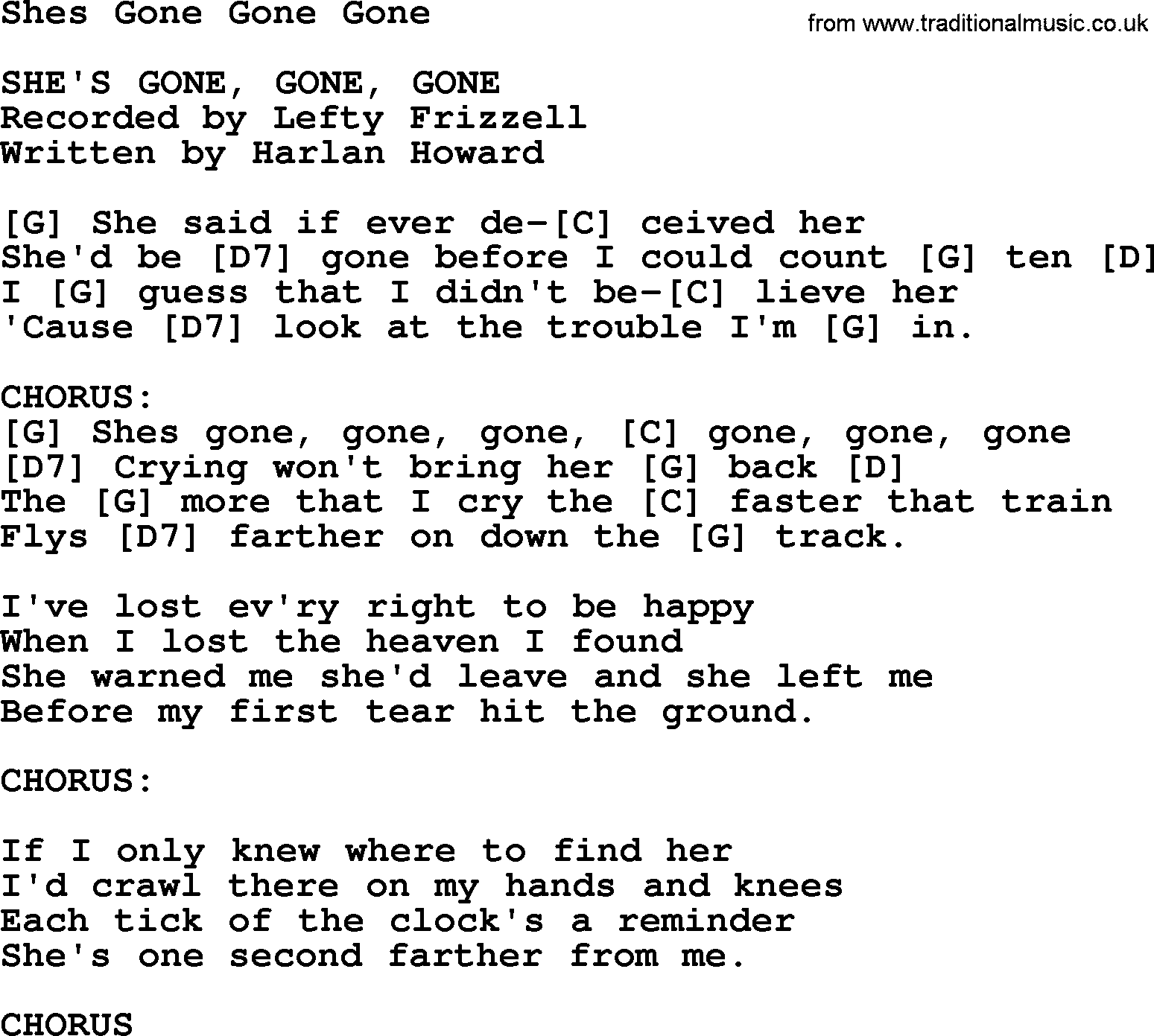 Bluegrass song: Shes Gone Gone Gone, lyrics and chords