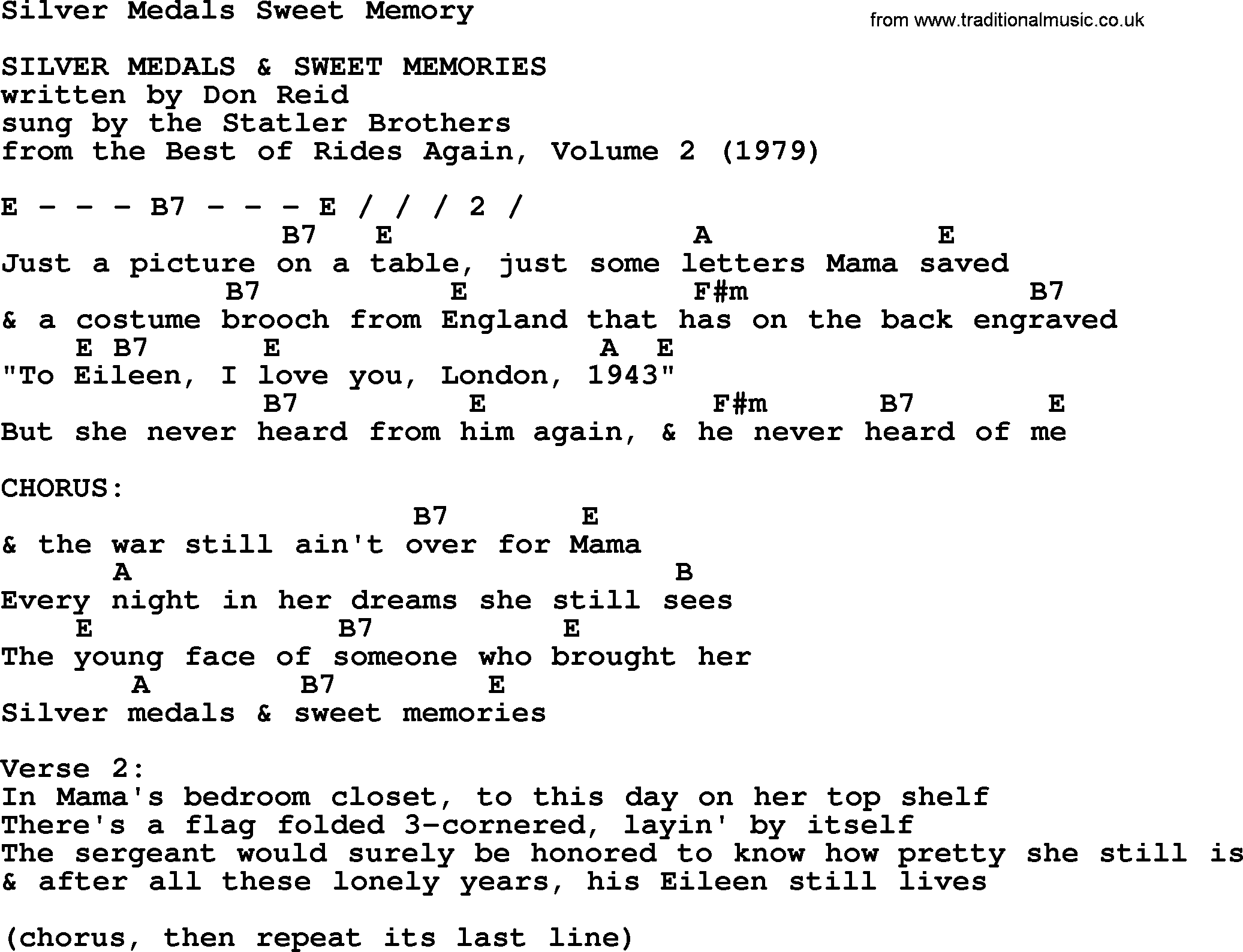 Bluegrass song: Silver Medals Sweet Memory, lyrics and chords