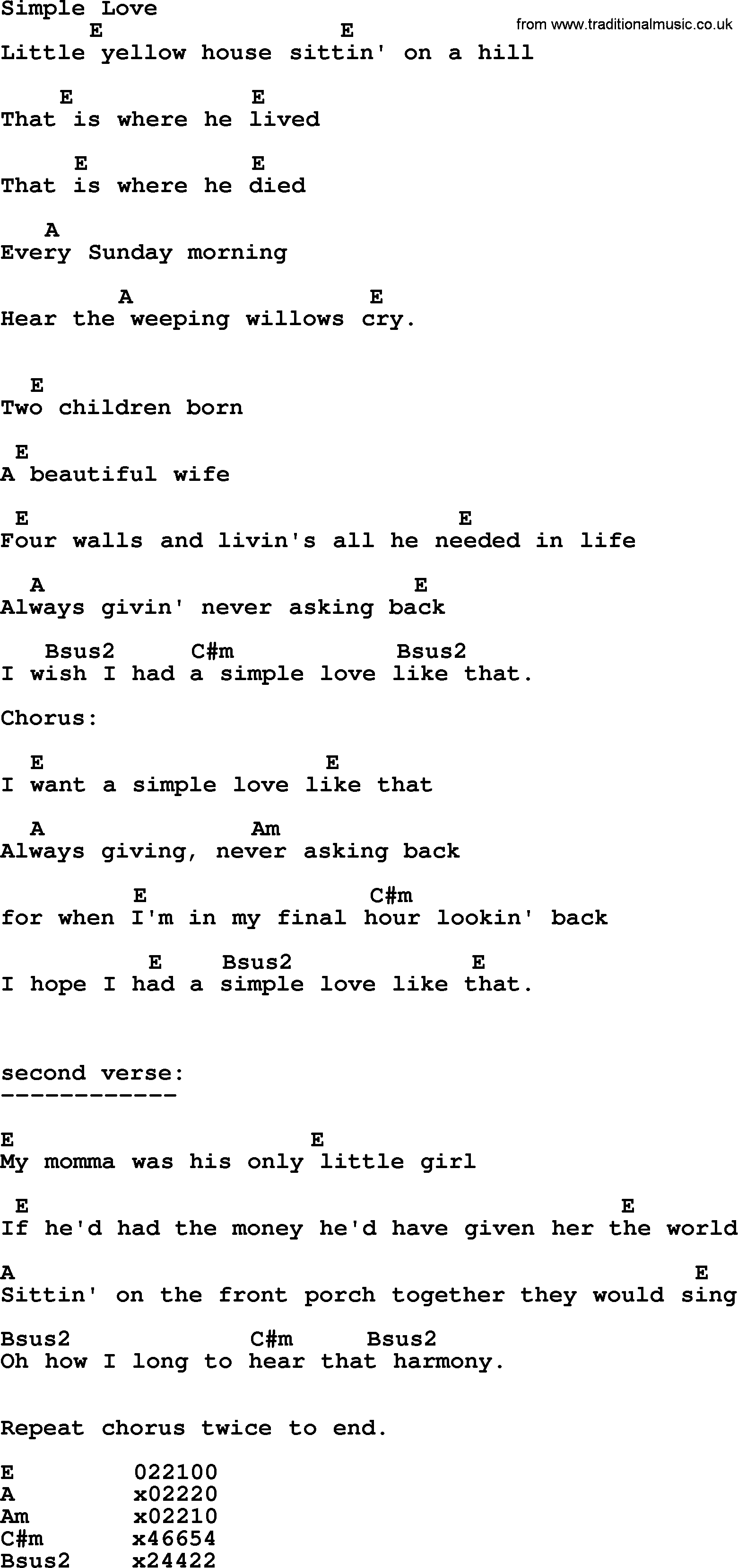 Bluegrass song: Simple Love, lyrics and chords