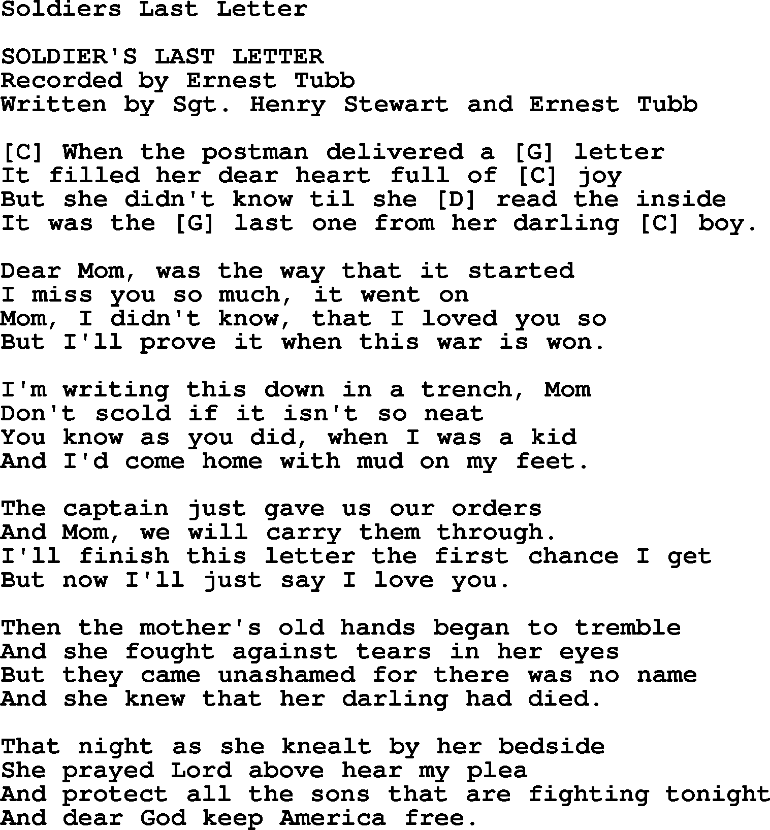 Bluegrass song: Soldiers Last Letter, lyrics and chords