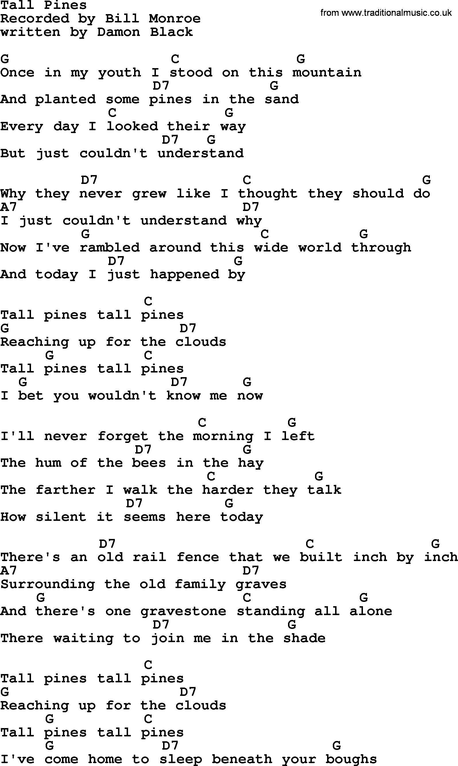 Bluegrass song: Tall Pines, lyrics and chords