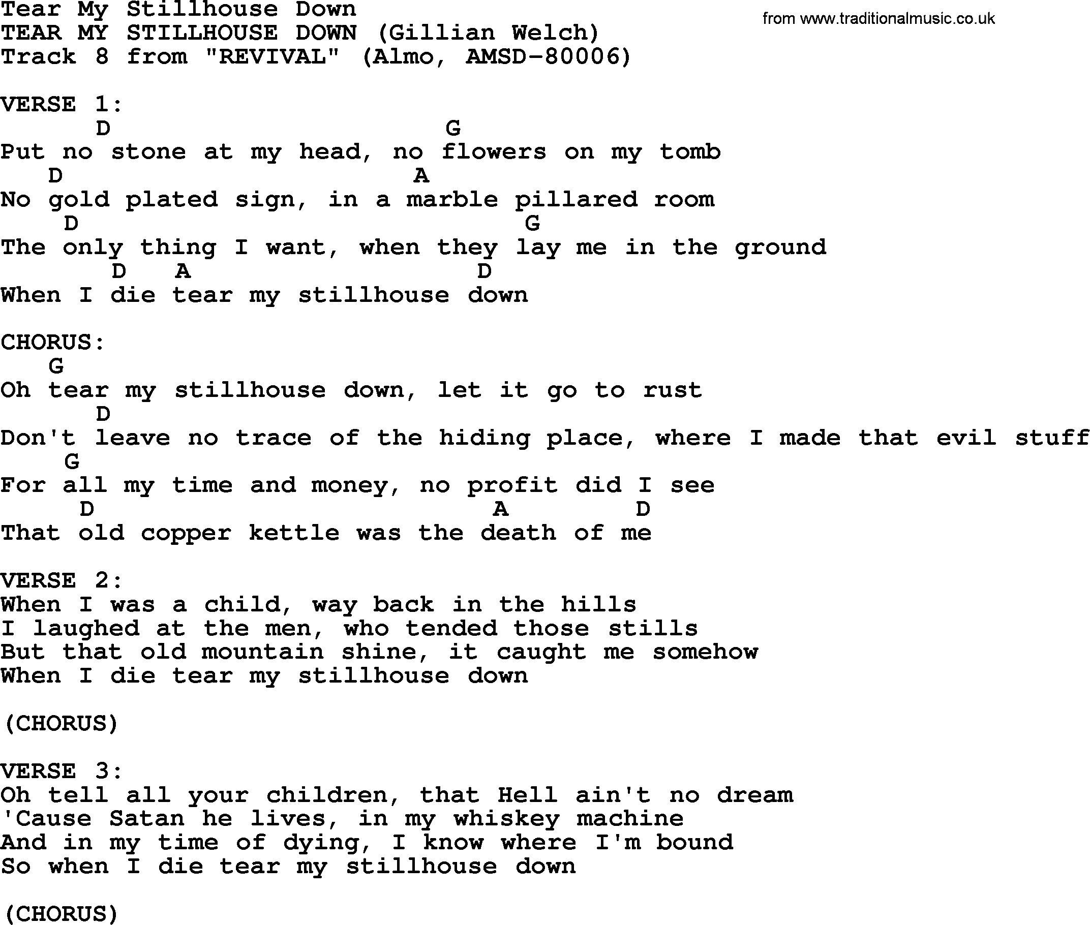 Bluegrass song: Tear My Stillhouse Down, lyrics and chords