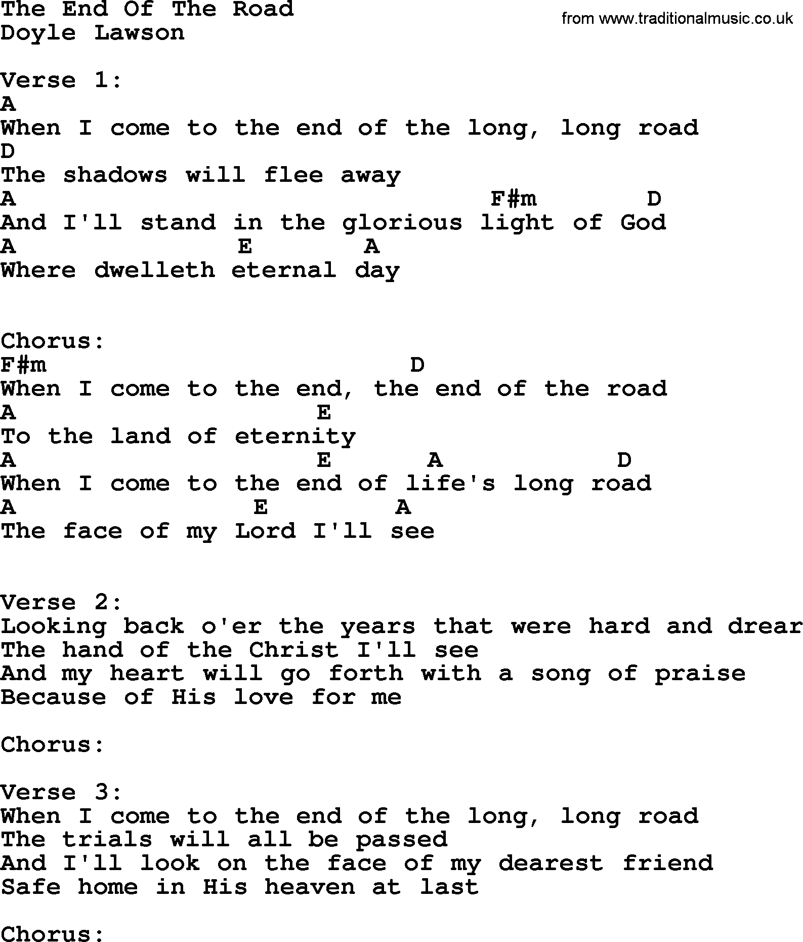 Bluegrass song: The End Of The Road, lyrics and chords