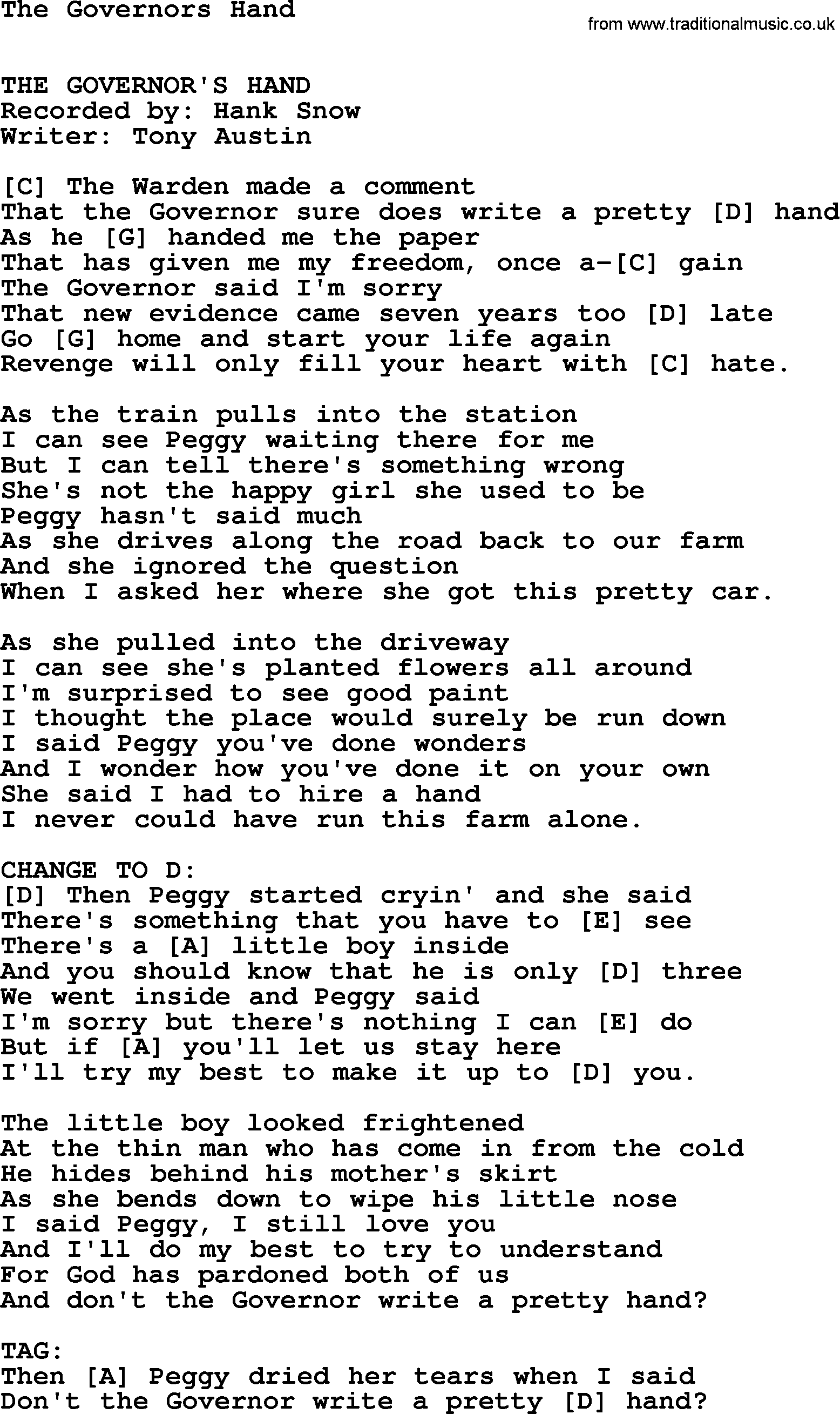 The Governors Hand - Bluegrass lyrics with chords