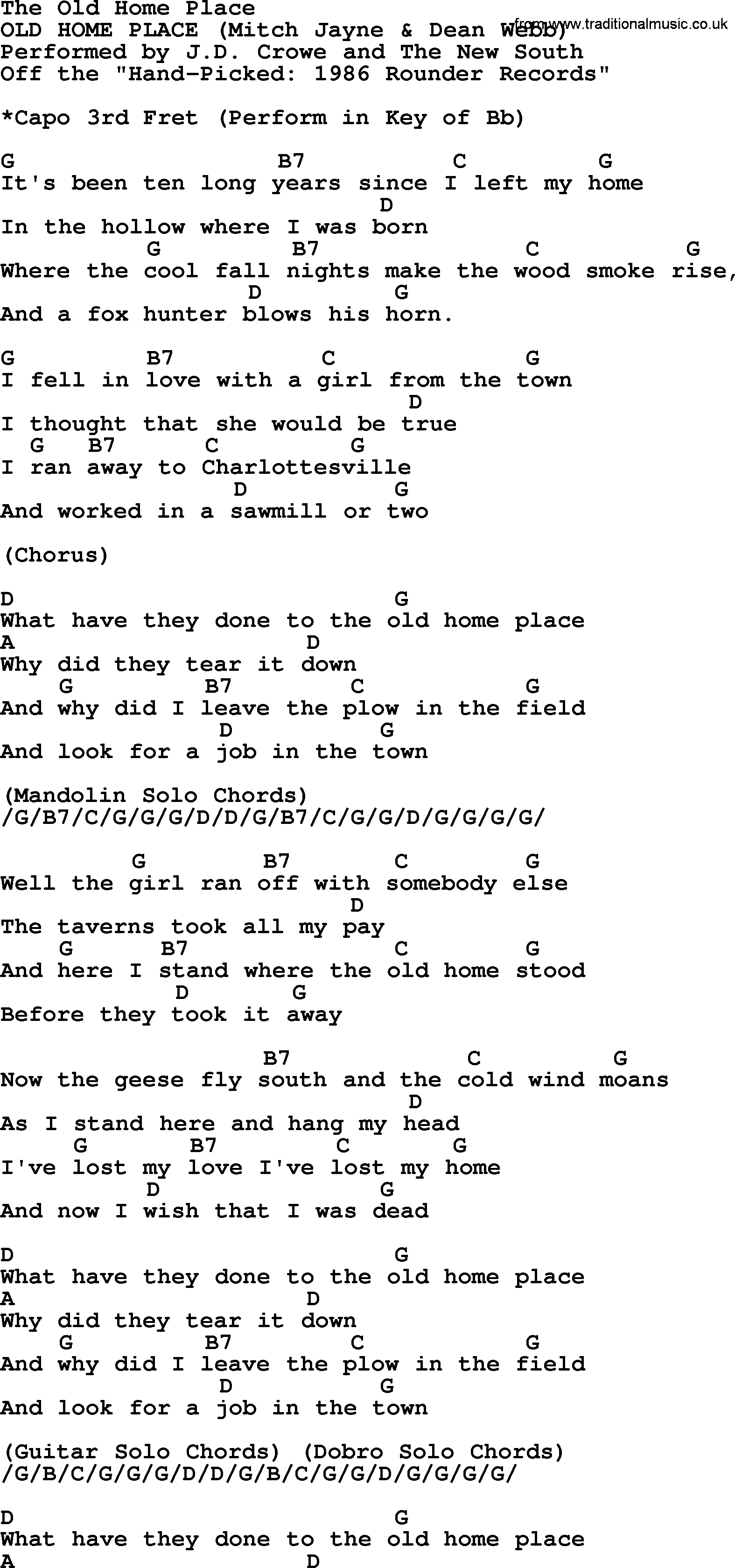 Bluegrass song: The Old Home Place, lyrics and chords