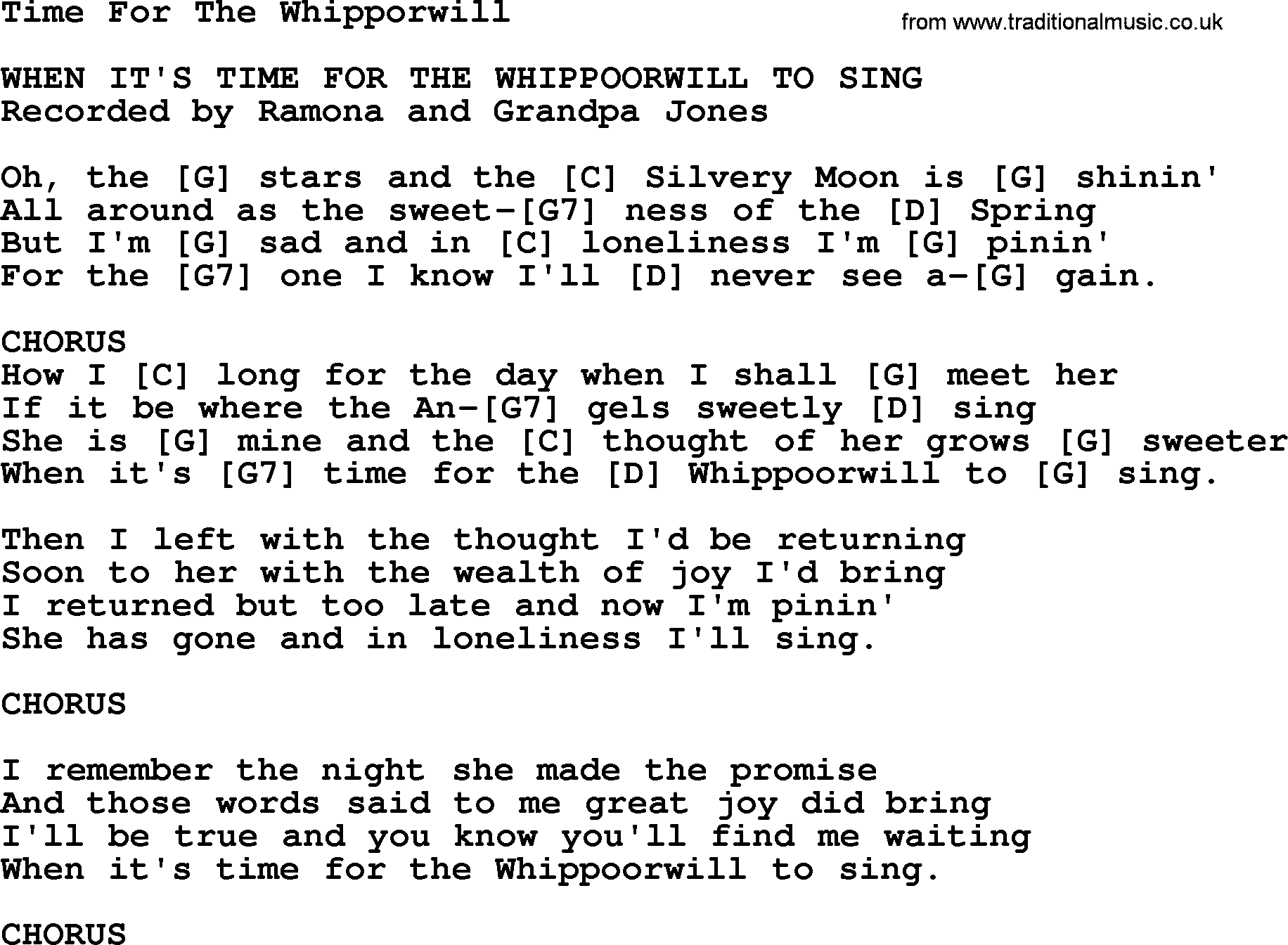 Bluegrass song: Time For The Whipporwill, lyrics and chords