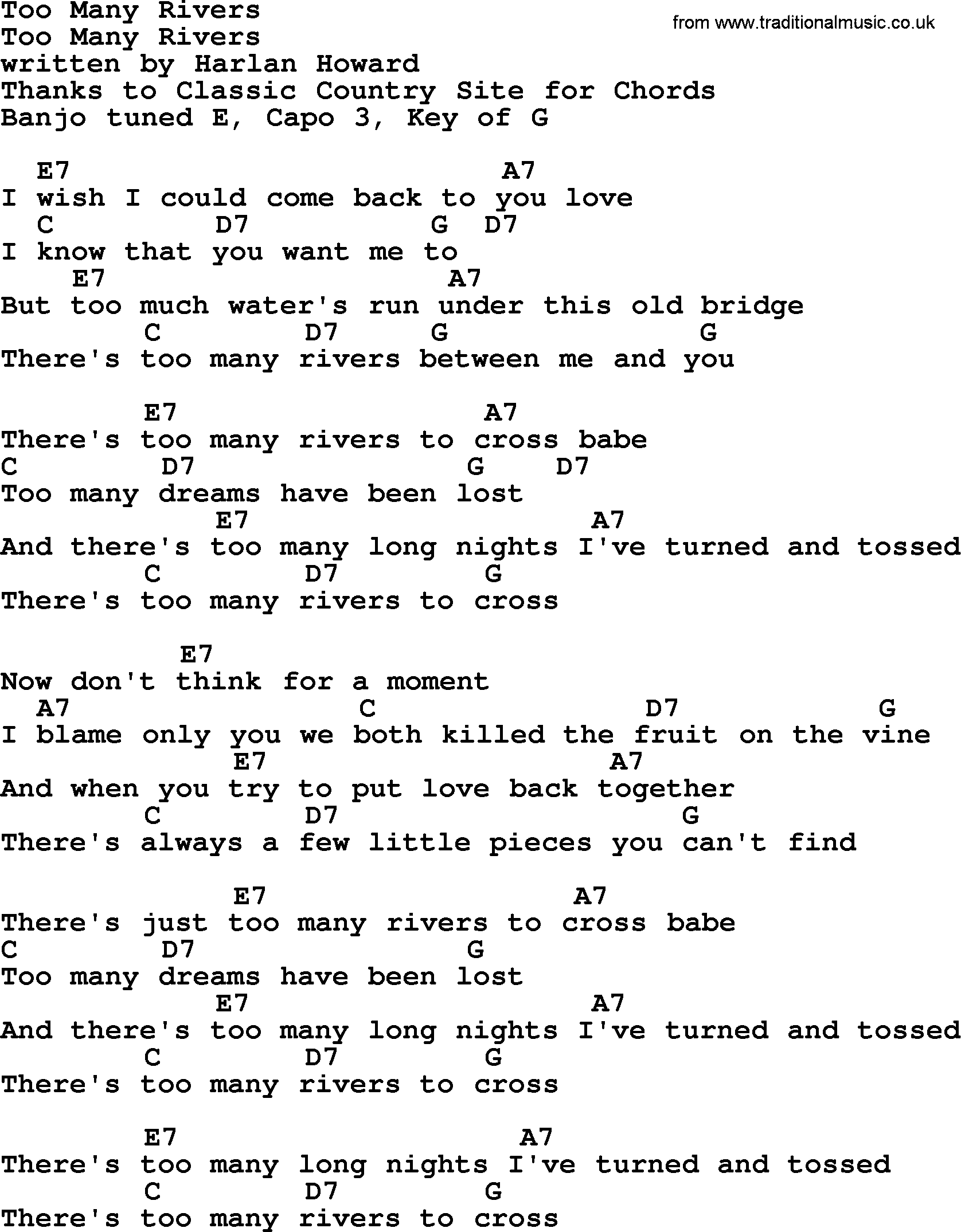 Bluegrass song: Too Many Rivers, lyrics and chords