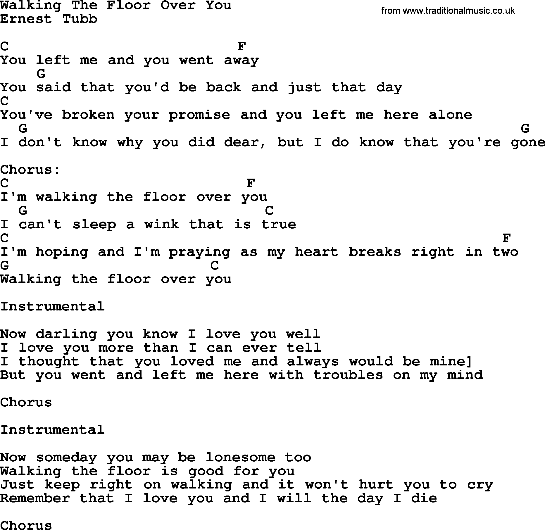 Bluegrass song: Walking The Floor Over You, lyrics and chords
