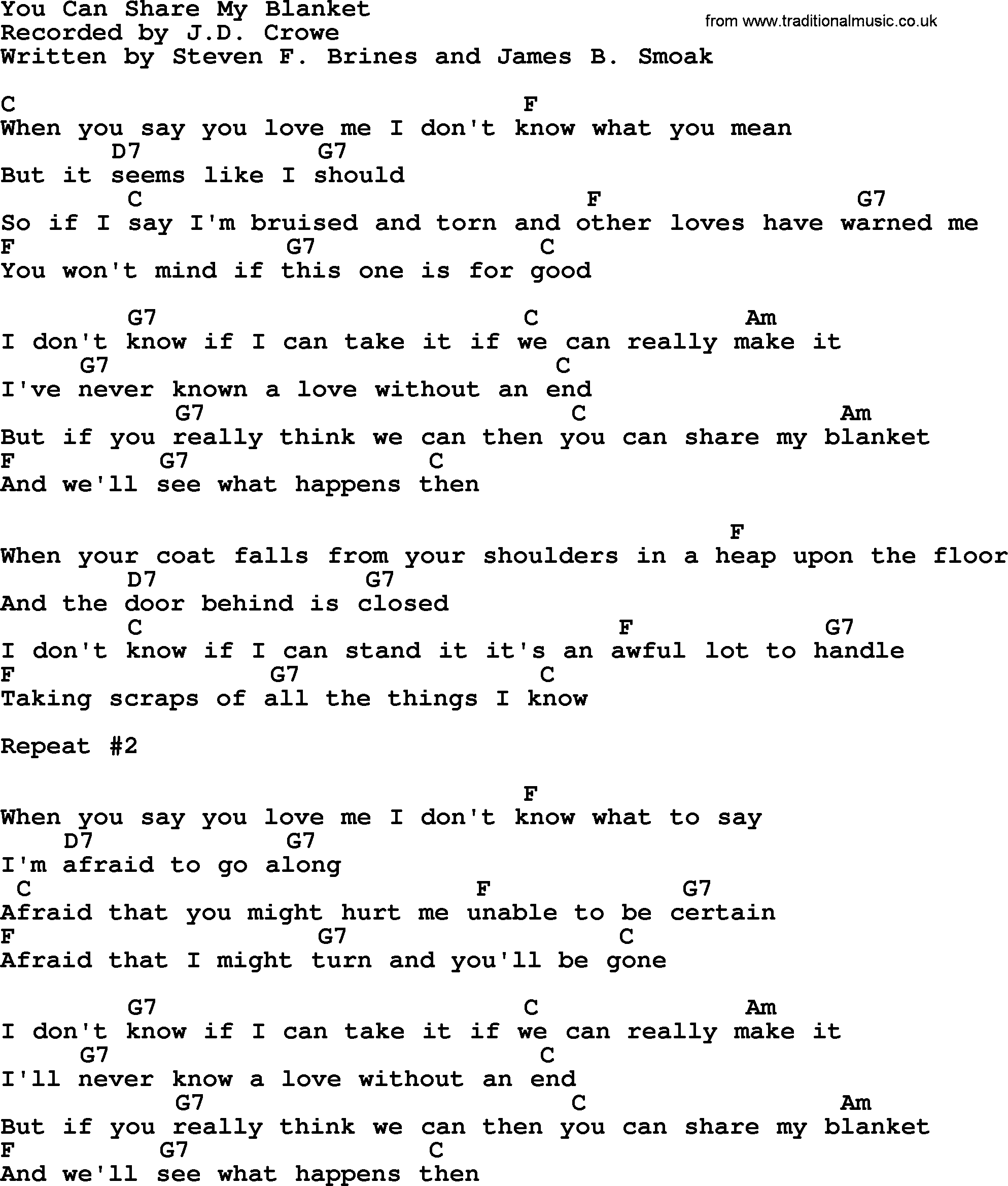 You Can Share My Blanket - Bluegrass lyrics with chords